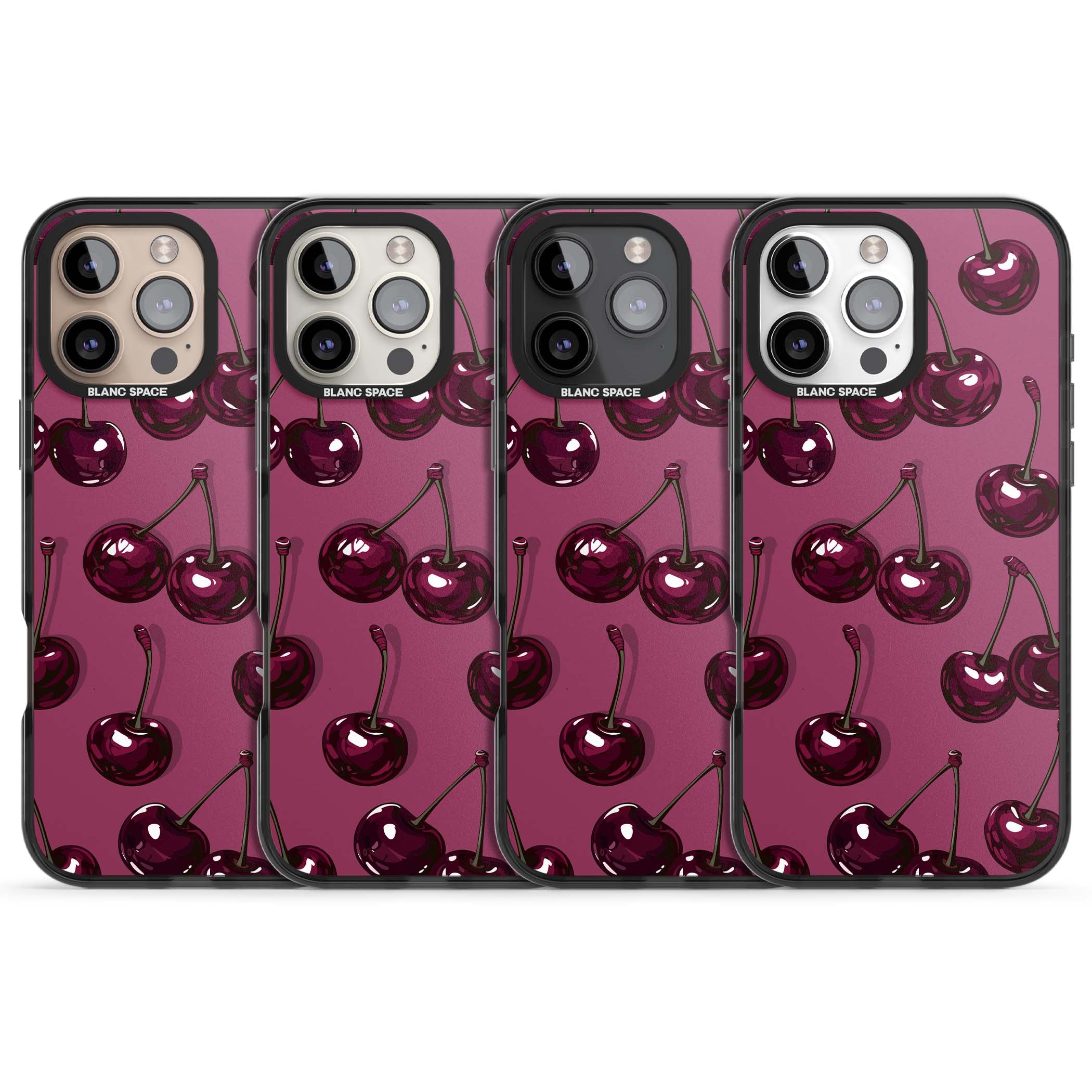 Cherry Soda coquette iPhone case featuring glossy burgundy cherries on a dusty pink background | Black Impact Magsafe case for iPhone 16 Pro, iPhone 16 Pro Max