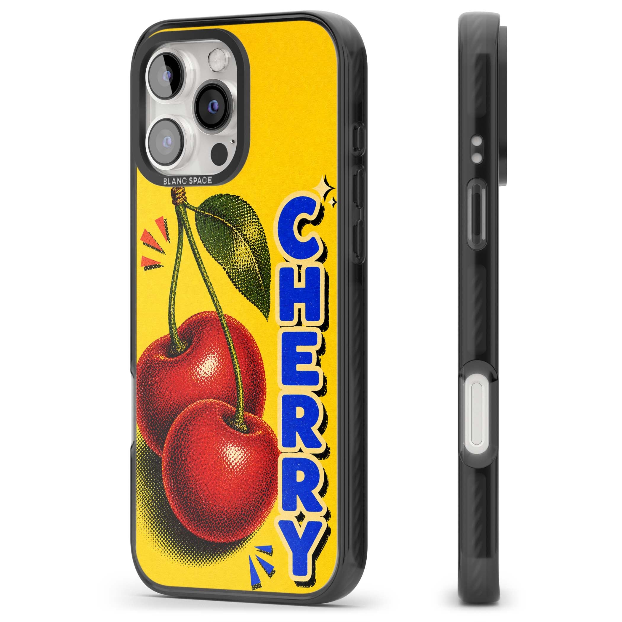 Cherry Yellow y2k iPhone case featuring two red cherries, halftone shading and bold blue CHERRY lettering on yellow | Black Impact Magsafe case for iPhone 16 Pro, iPhone 16 Pro Max