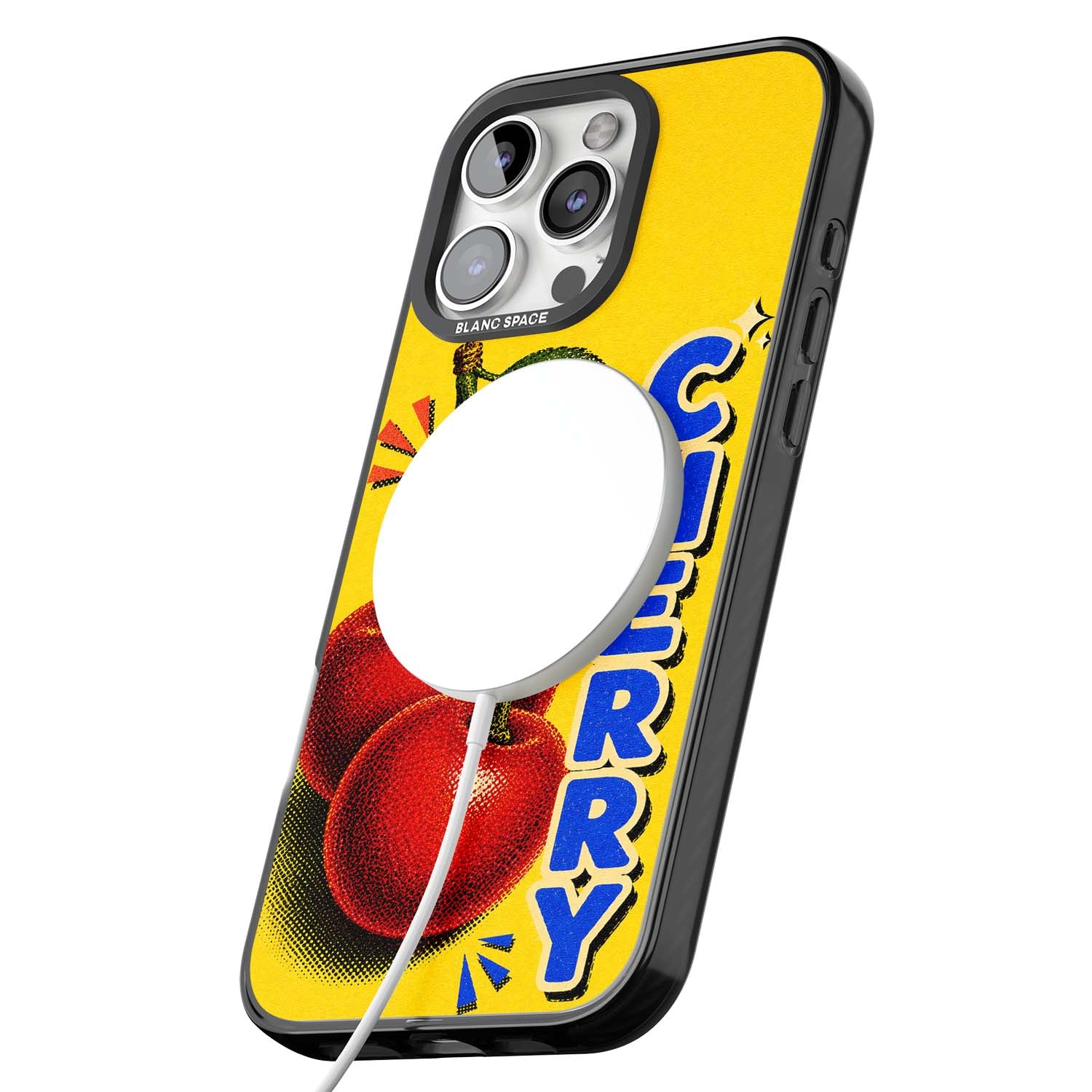 Cherry Yellow y2k iPhone case featuring two red cherries, halftone shading and bold blue CHERRY lettering on yellow | Black Impact Magsafe case for iPhone 16 Pro, iPhone 16 Pro Max