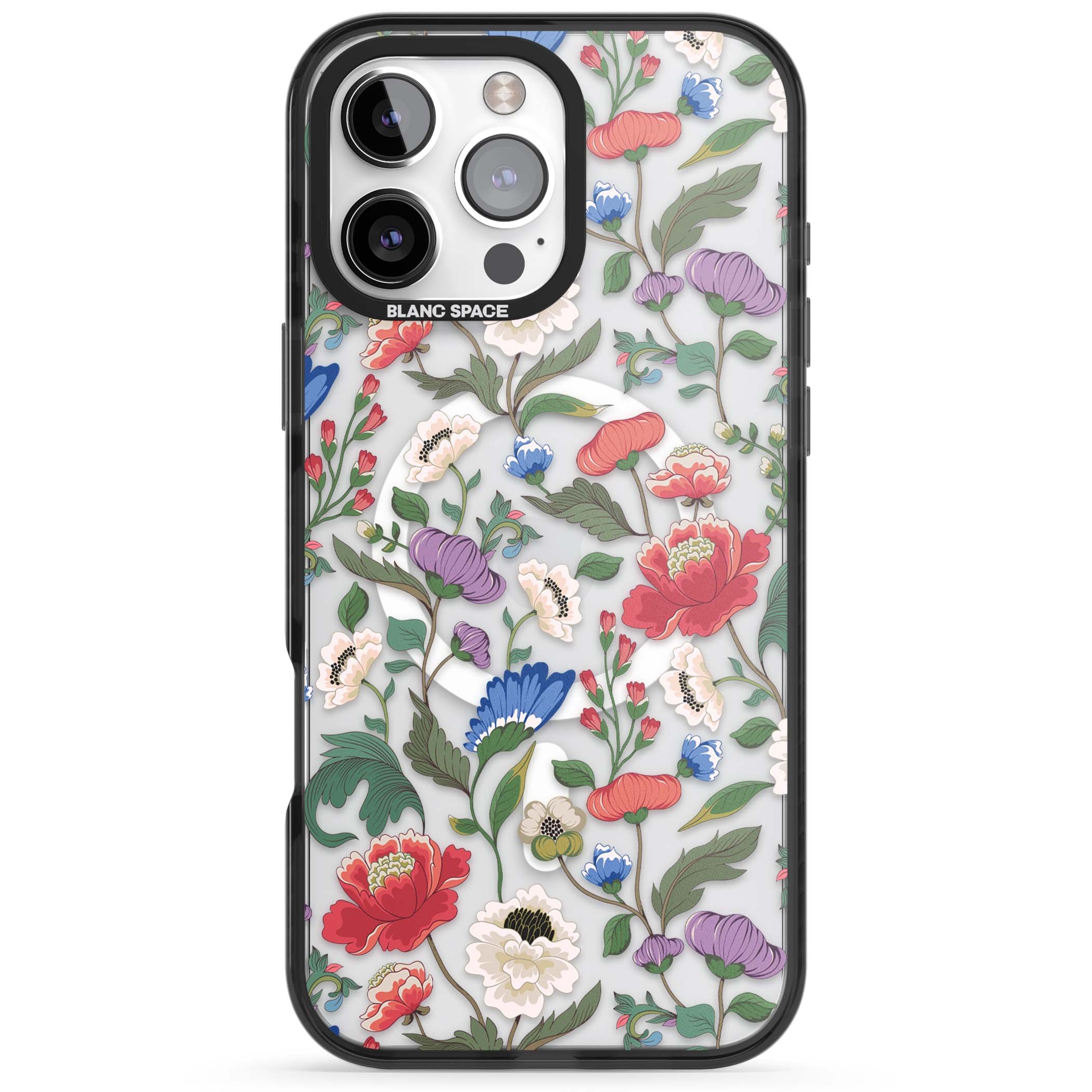 Chinoiserie Bloom vintage floral iPhone case featuring hand-painted peonies, poppies and trailing wildflowers on clear... | Black Impact Magsafe case for iPhone 16 Pro, iPhone 16 Pro Max