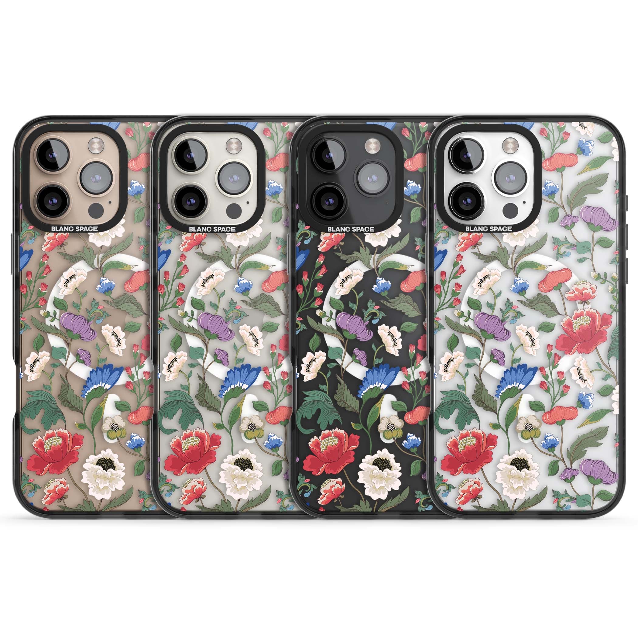 Chinoiserie Bloom vintage floral iPhone case featuring hand-painted peonies, poppies and trailing wildflowers on clear... | Black Impact Magsafe case for iPhone 16 Pro, iPhone 16 Pro Max