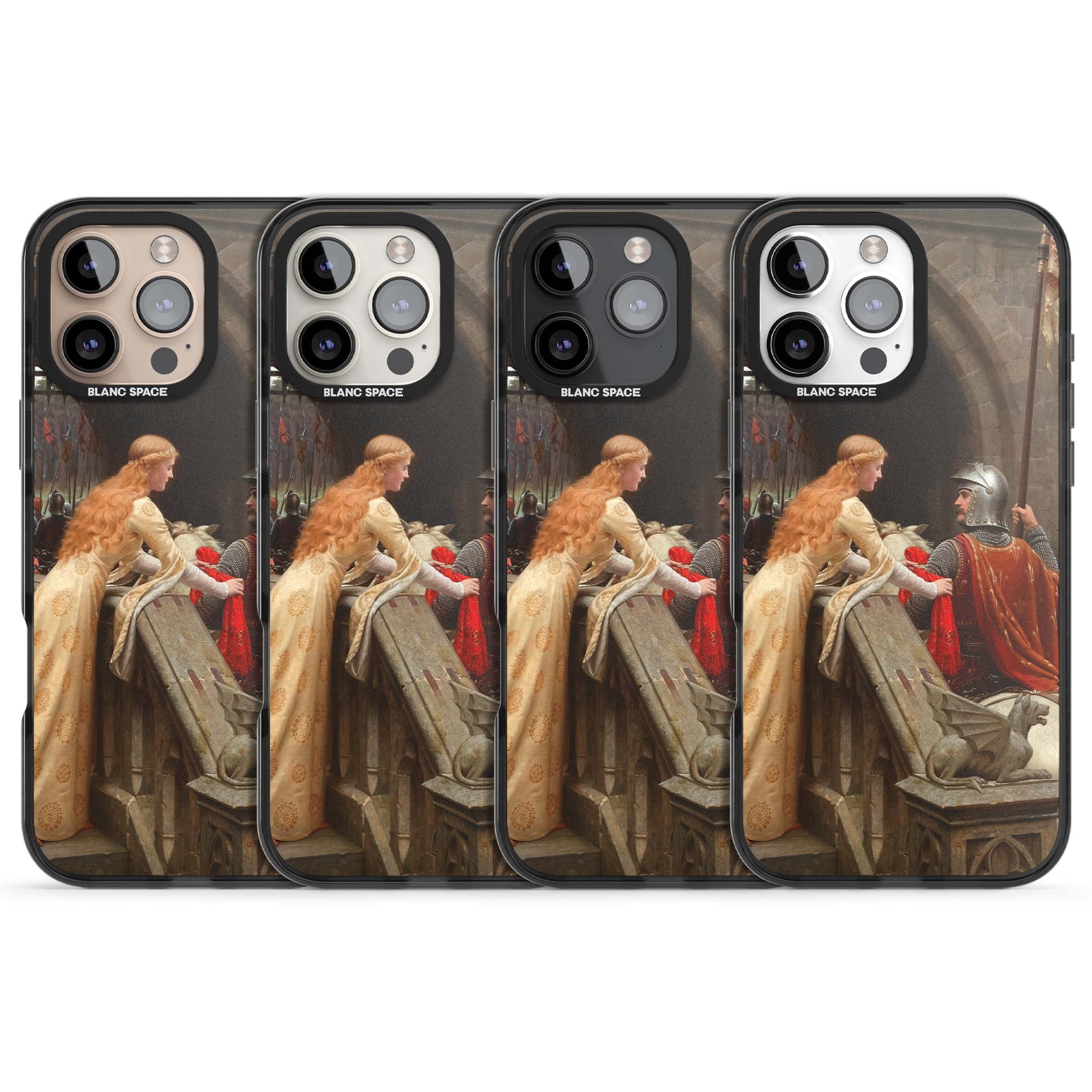 God Speed fine art iPhone case featuring Edmund Blair Leighton's medieval knight and lady beneath a stone archway | Black Impact Magsafe case for iPhone 16 Pro, iPhone 16 Pro Max