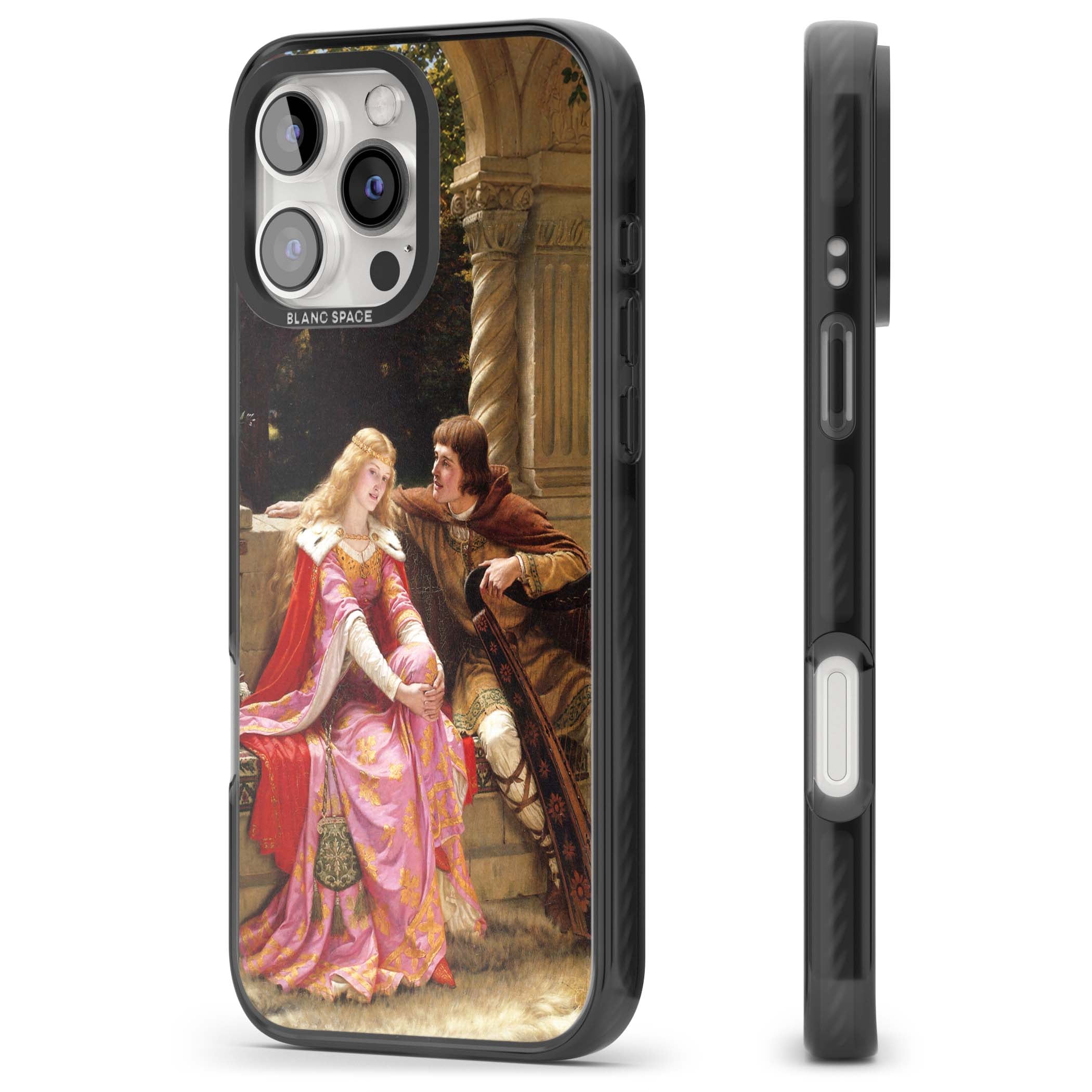 The End of the Song classic art iPhone case featuring a medieval lady in pink gown and her knight in a stone archway | Black Impact Magsafe case for iPhone 16 Pro, iPhone 16 Pro Max