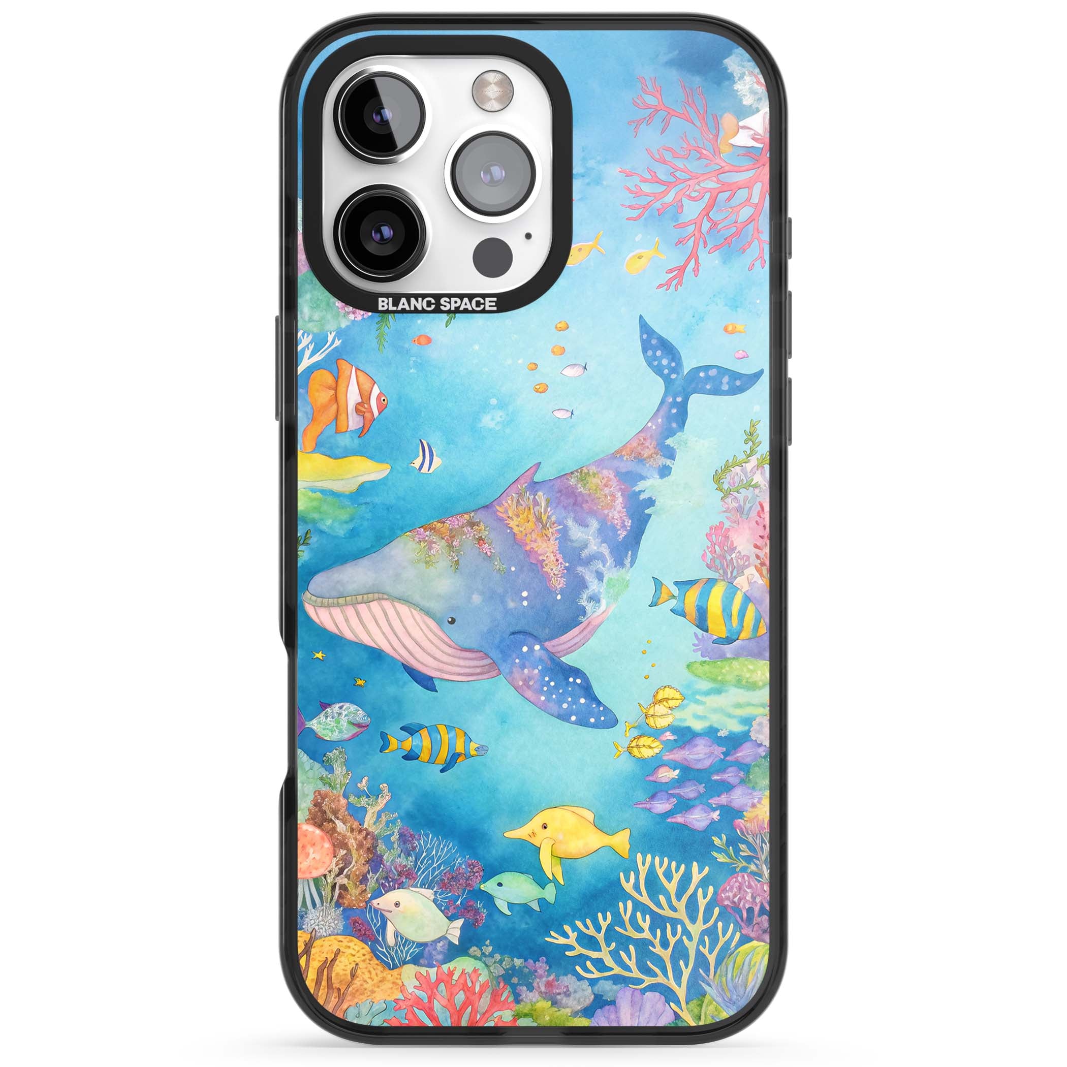 Coral Lagoon ocean iPhone case featuring a watercolour whale, coral reef and tropical fish | Black Impact Magsafe case for iPhone 16 Pro, iPhone 16 Pro Max