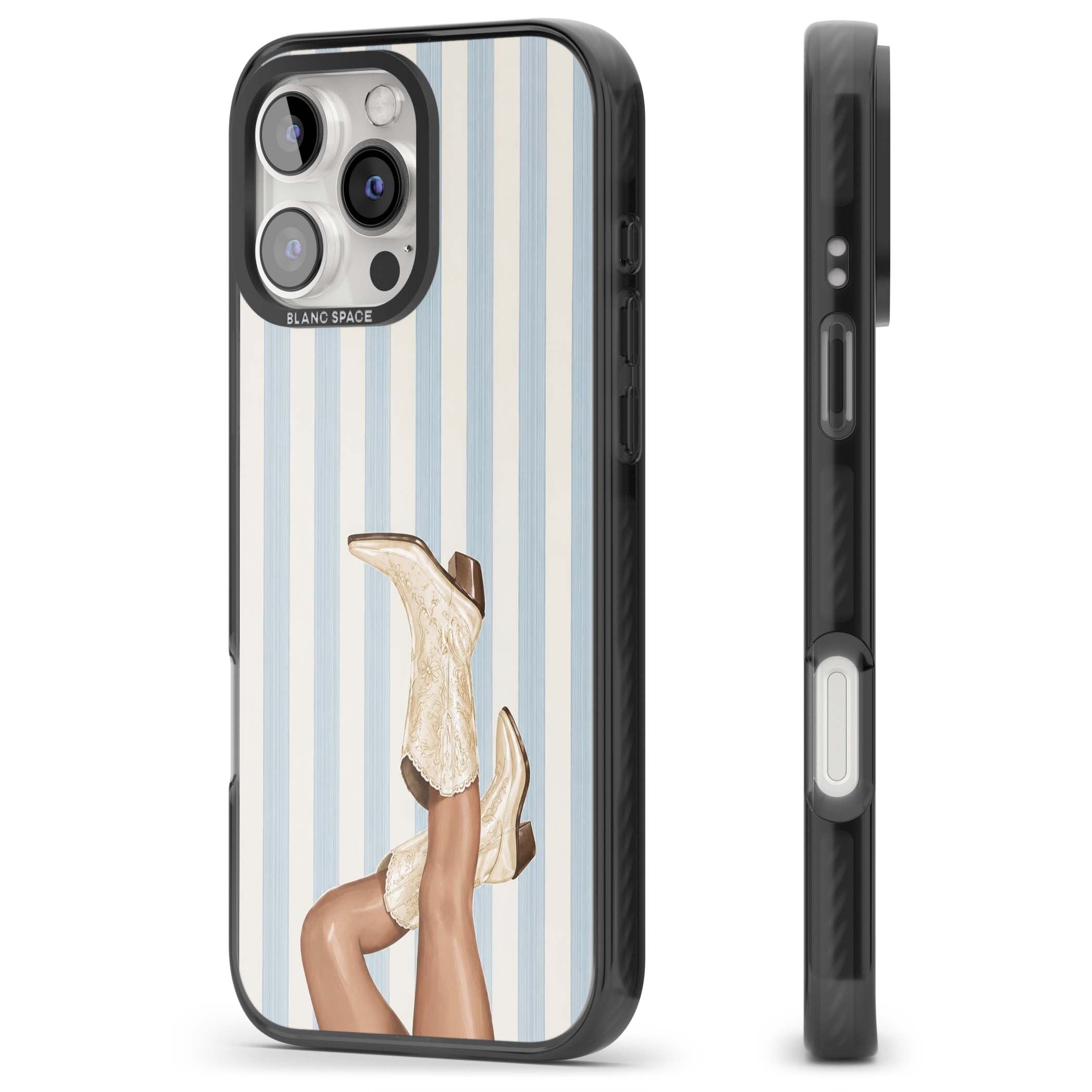 Cowgirl Boots coastal cowgirl iPhone case featuring embroidered western boots, tanned legs and a blue stripe backdrop | Black Impact Magsafe case for iPhone 16 Pro, iPhone 16 Pro Max