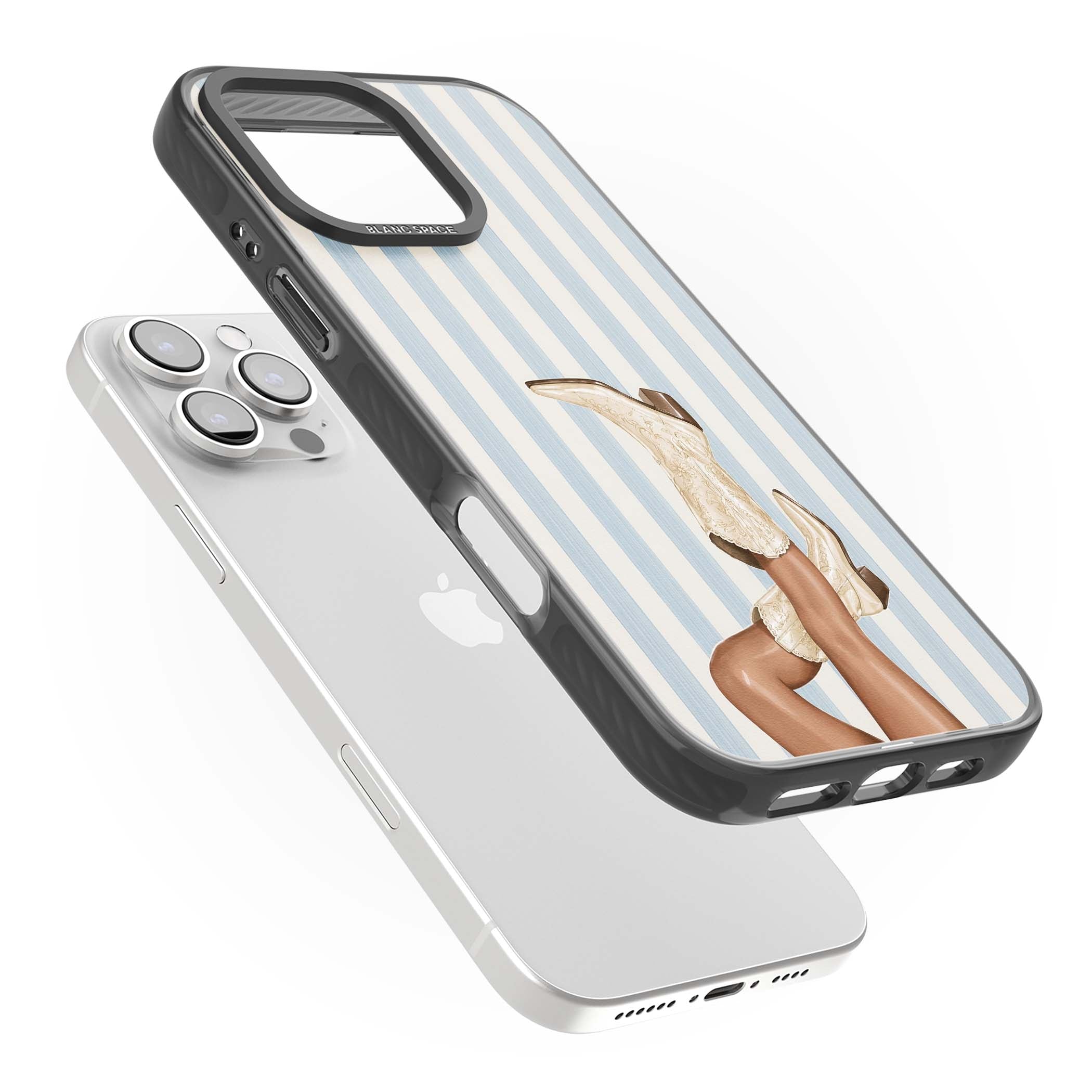 Cowgirl Boots coastal cowgirl iPhone case featuring embroidered western boots, tanned legs and a blue stripe backdrop | Black Impact Magsafe case for iPhone 16 Pro, iPhone 16 Pro Max