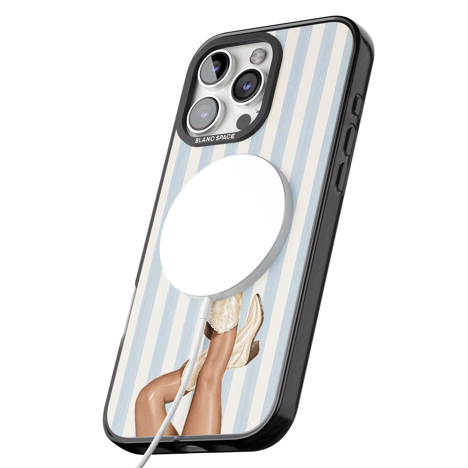 Cowgirl Boots coastal cowgirl iPhone case featuring embroidered western boots, tanned legs and a blue stripe backdrop | Black Impact Magsafe case for iPhone 16 Pro, iPhone 16 Pro Max