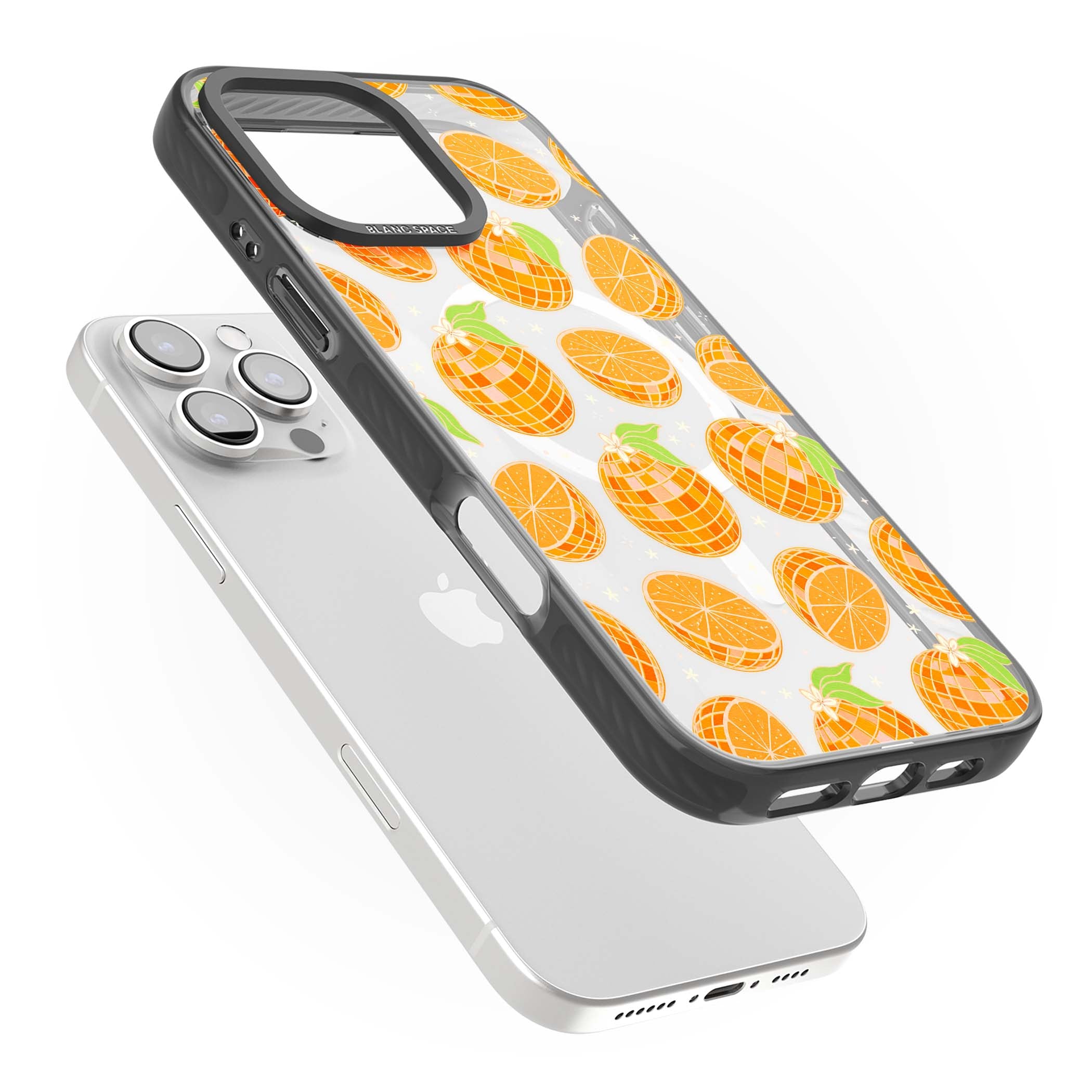 Disco Oranges retro iPhone case featuring mirrorball oranges, citrus slices and tiny blossoms on clear | Black Impact Magsafe case for iPhone 16 Pro, iPhone 16 Pro Max