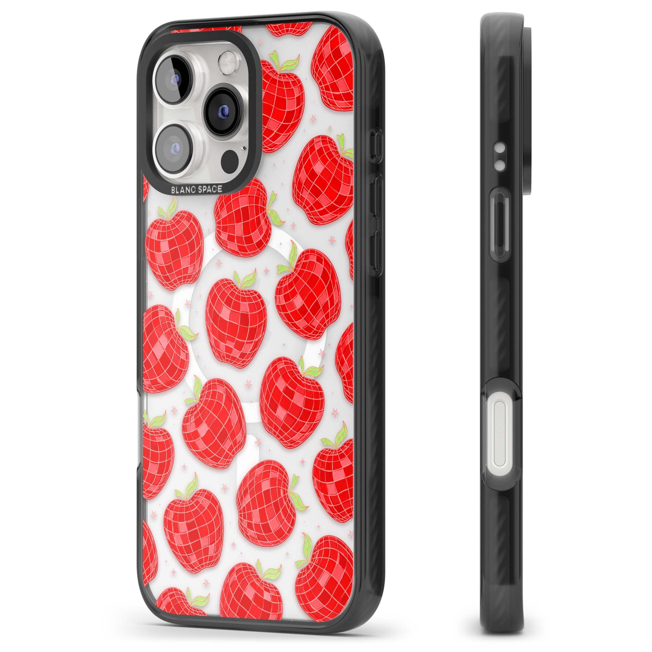 Disco Apples Y2K iPhone case featuring red disco ball apples, green leaves and pink sparkles on clear | Black Impact Magsafe case for iPhone 16 Pro, iPhone 16 Pro Max