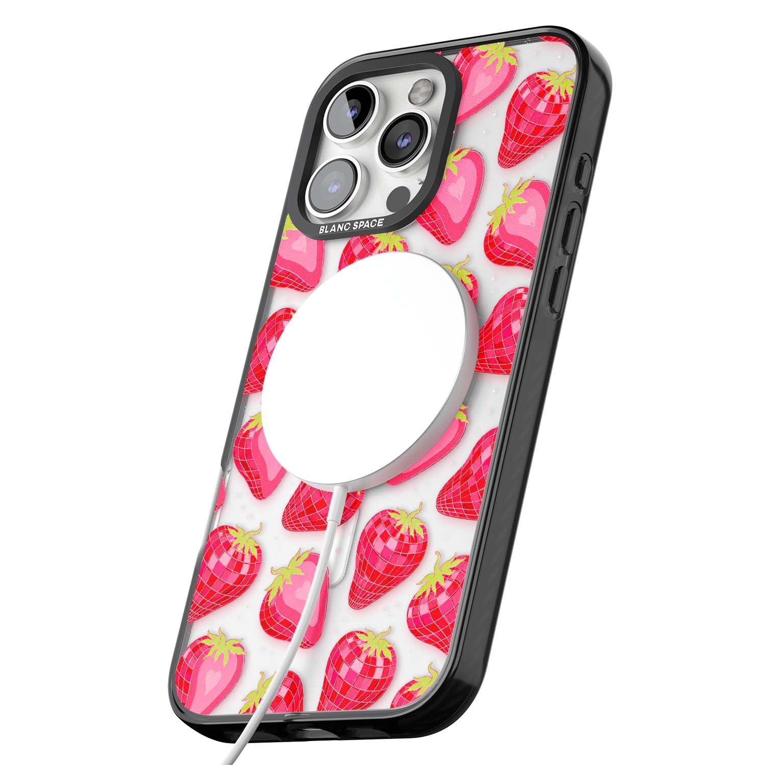 Disco Strawberry Y2K iPhone case featuring pink disco-ball strawberries, green leaves and tiny sparkles | Black Impact Magsafe case for iPhone 16 Pro, iPhone 16 Pro Max
