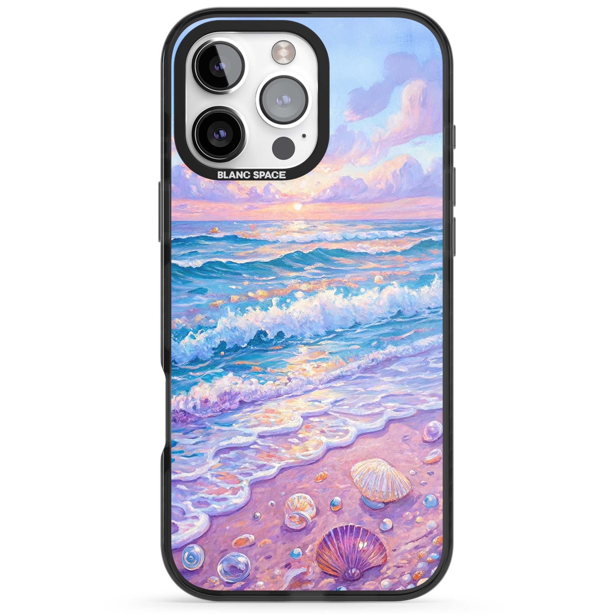 Pearl Shore coastal iPhone case featuring pastel painted waves, seashells, and a sunrise sky over a lavender beach. | Black Impact Magsafe case for iPhone 16 Pro, iPhone 16 Pro Max