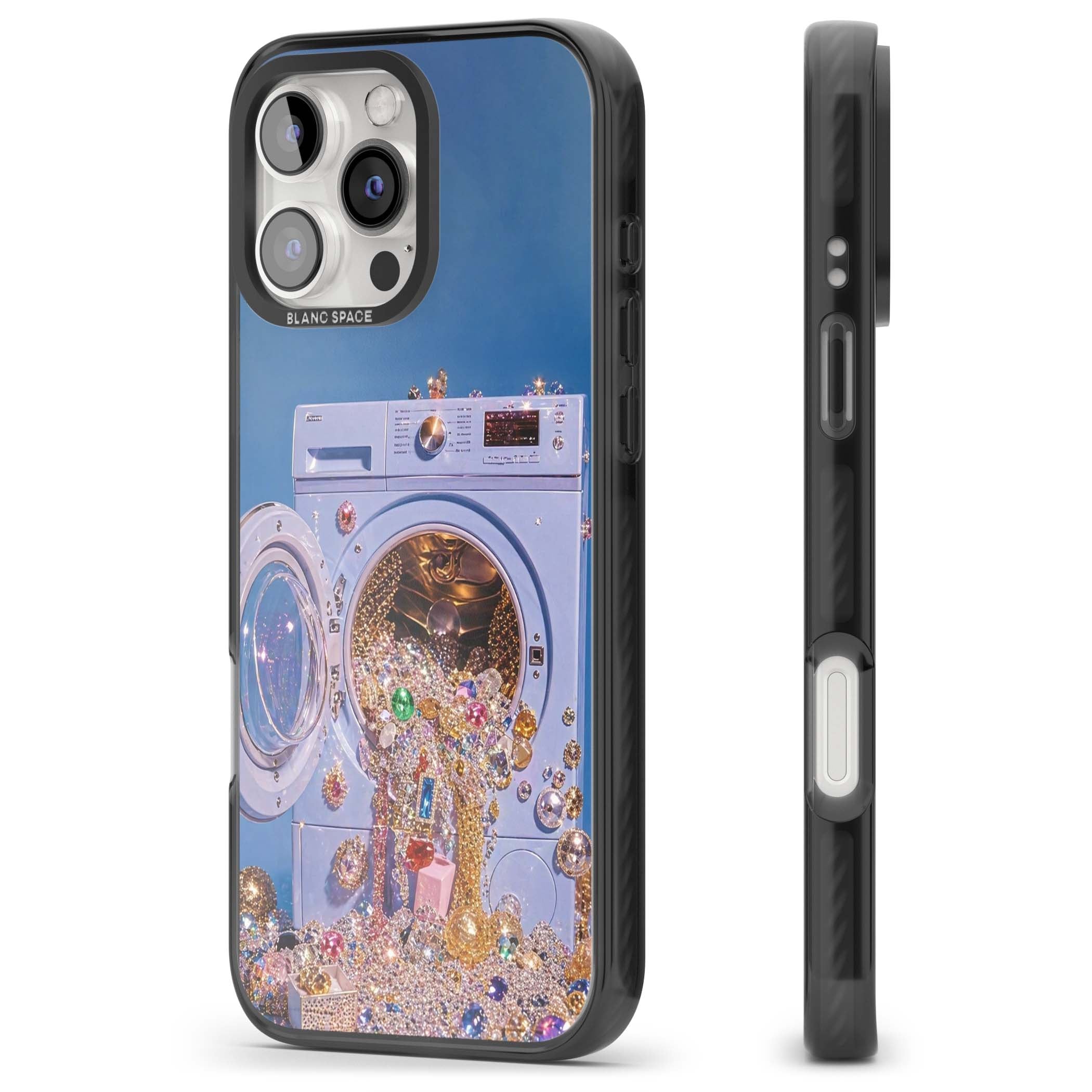 Gem Laundry baddie iPhone case featuring a surreal washing machine overflowing with colourful gemstones and crystals | Black Impact Magsafe case for iPhone 16 Pro, iPhone 16 Pro Max