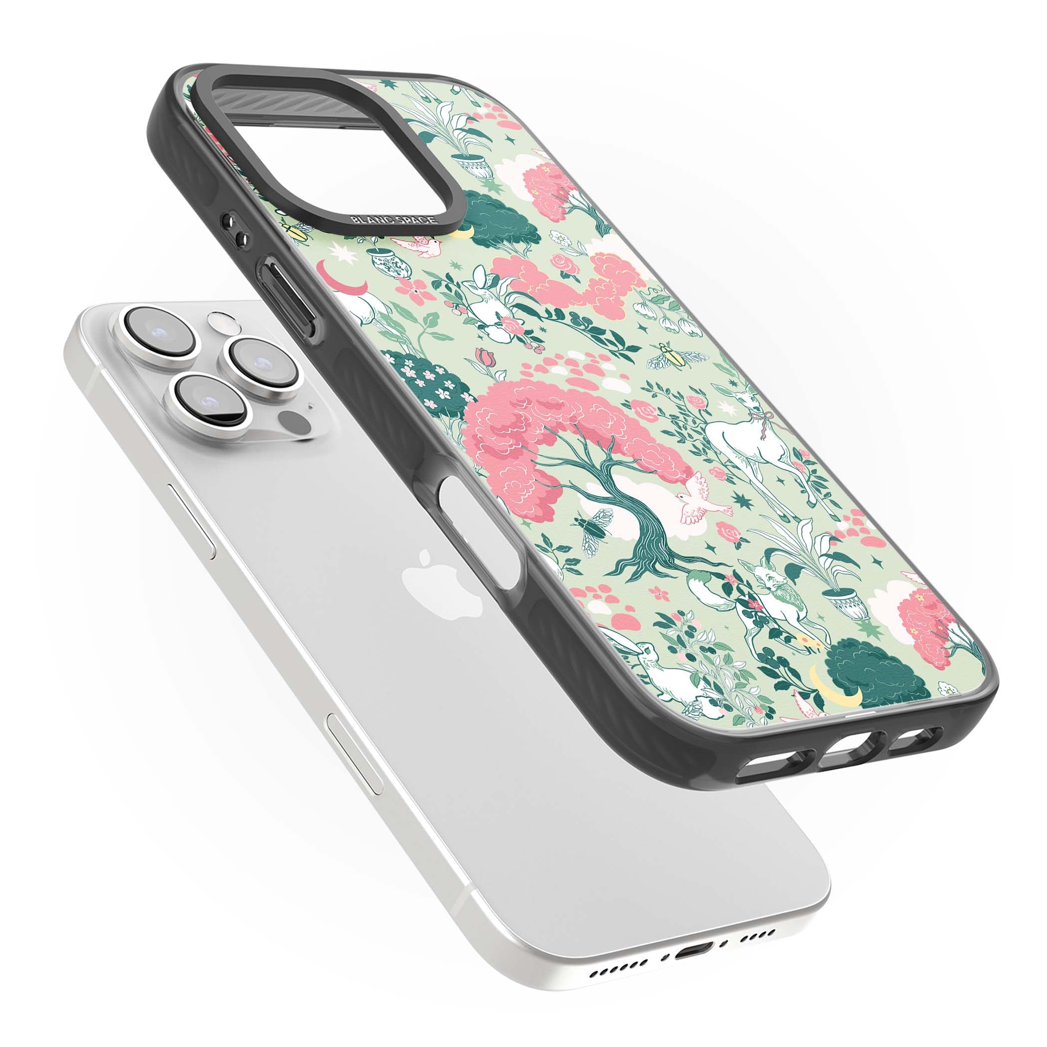 Enchanted Woodland cottagecore iPhone case featuring white deer, pink roses, mushrooms and woodland animals on sage green | Black Impact Magsafe case for iPhone 16 Pro, iPhone 16 Pro Max