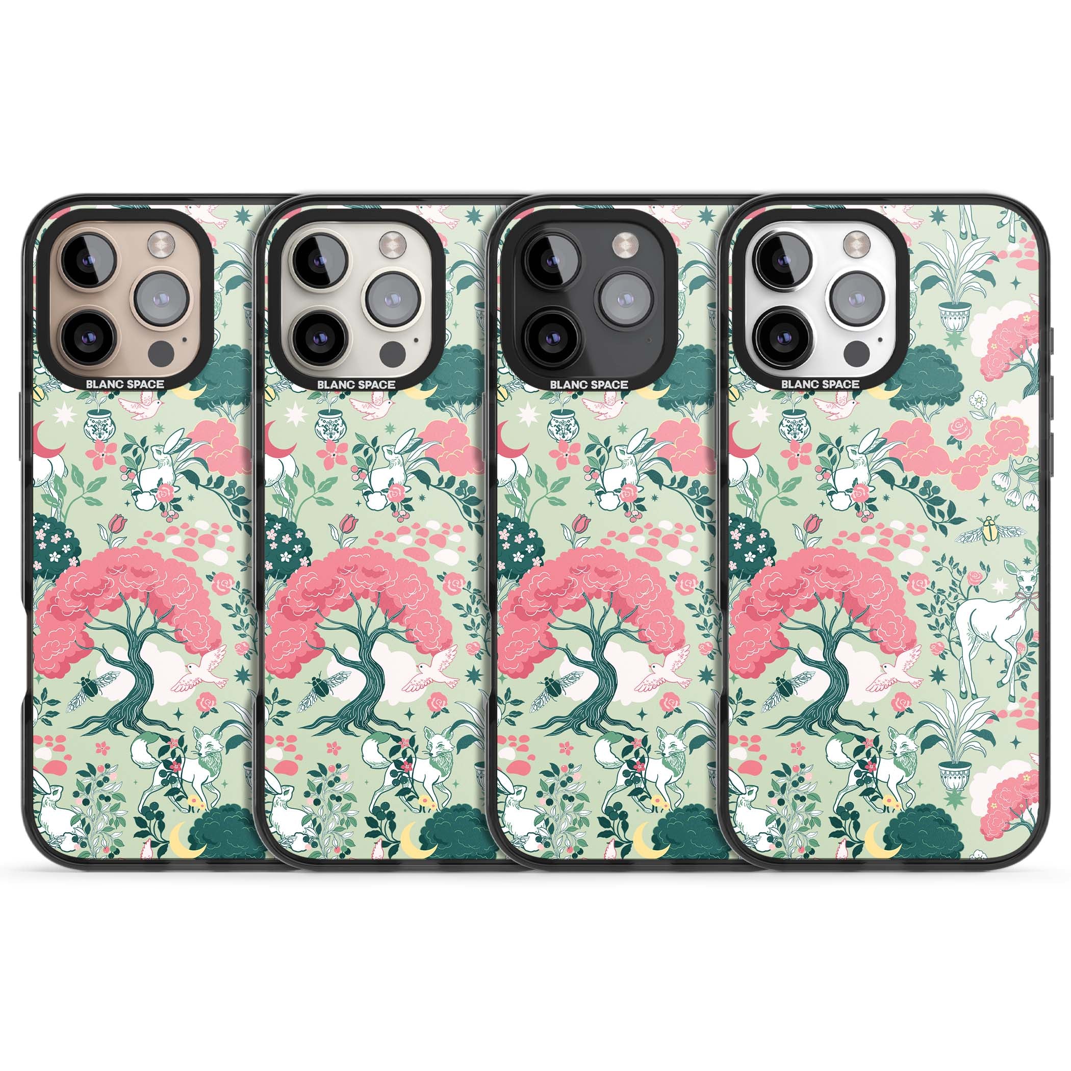 Enchanted Woodland cottagecore iPhone case featuring white deer, pink roses, mushrooms and woodland animals on sage green | Black Impact Magsafe case for iPhone 16 Pro, iPhone 16 Pro Max