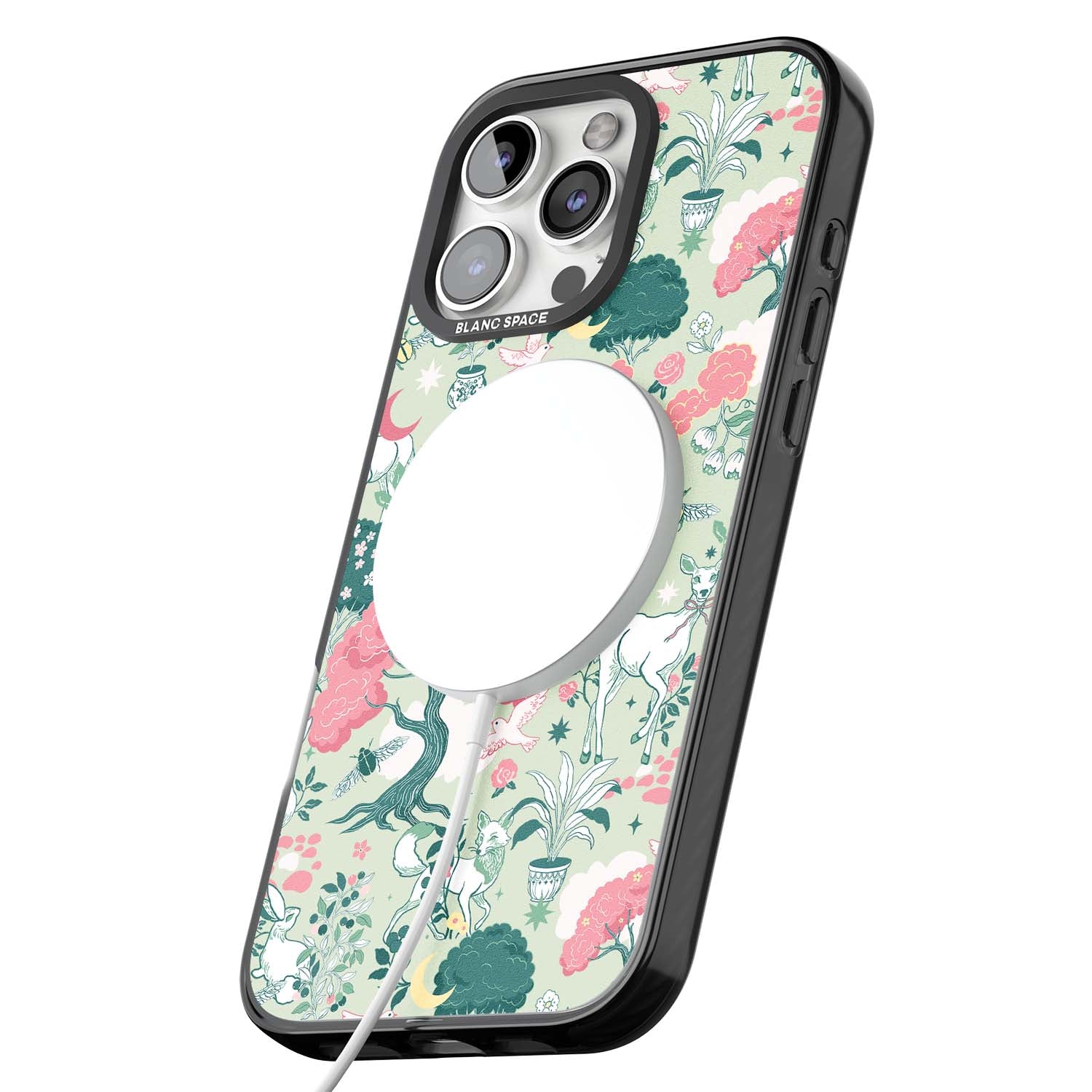 Enchanted Woodland cottagecore iPhone case featuring white deer, pink roses, mushrooms and woodland animals on sage green | Black Impact Magsafe case for iPhone 16 Pro, iPhone 16 Pro Max