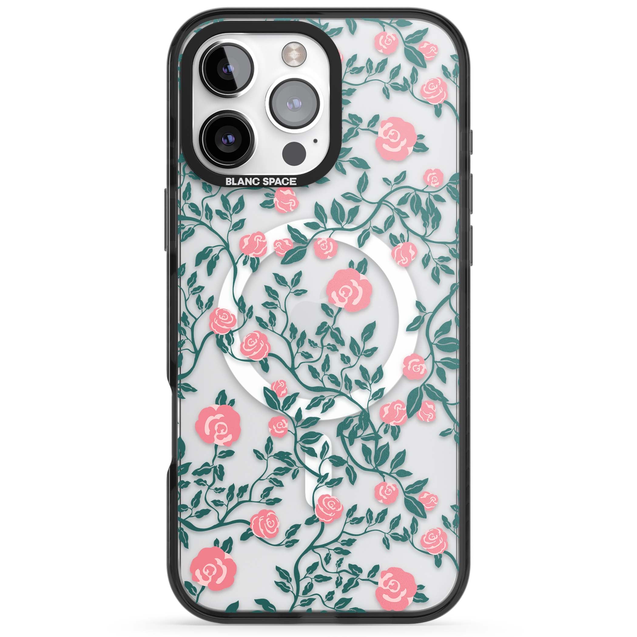 Rose Trellis (Clear) cottagecore iPhone case featuring pink climbing roses and green leaves on clear background | Black Impact Magsafe case for iPhone 16 Pro, iPhone 16 Pro Max