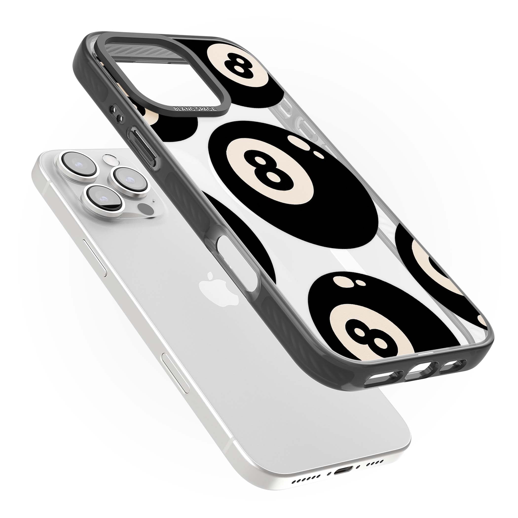 Eights y2k iPhone case featuring scattered black 8 balls with cream highlights on a clear background | Black Impact Magsafe case for iPhone 16 Pro, iPhone 16 Pro Max