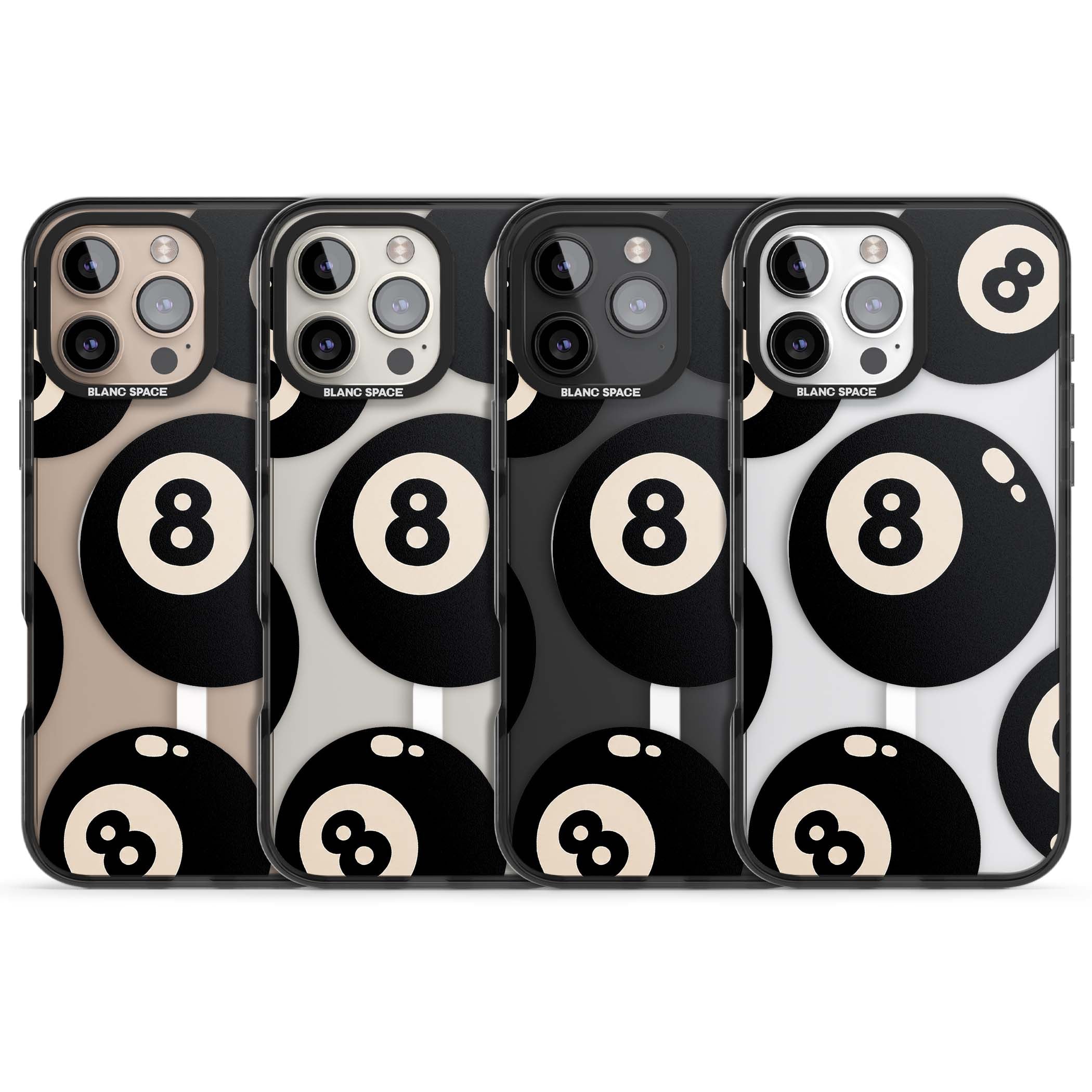 Eights y2k iPhone case featuring scattered black 8 balls with cream highlights on a clear background | Black Impact Magsafe case for iPhone 16 Pro, iPhone 16 Pro Max