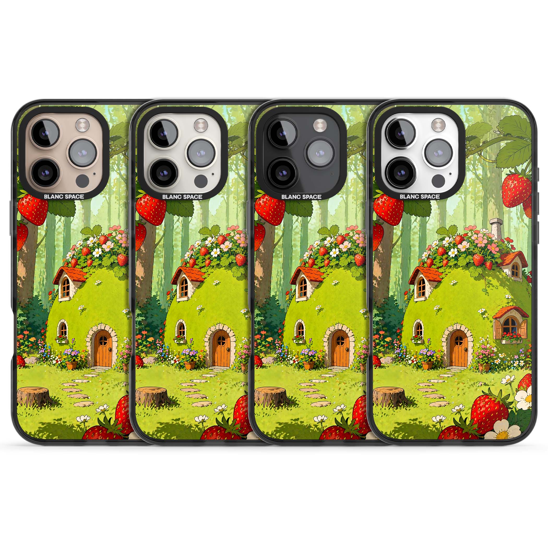 Strawberry Cottage cottagecore iPhone case featuring a green fairy house, wild strawberries and enchanted forest flowers | Black Impact Magsafe case for iPhone 16 Pro, iPhone 16 Pro Max