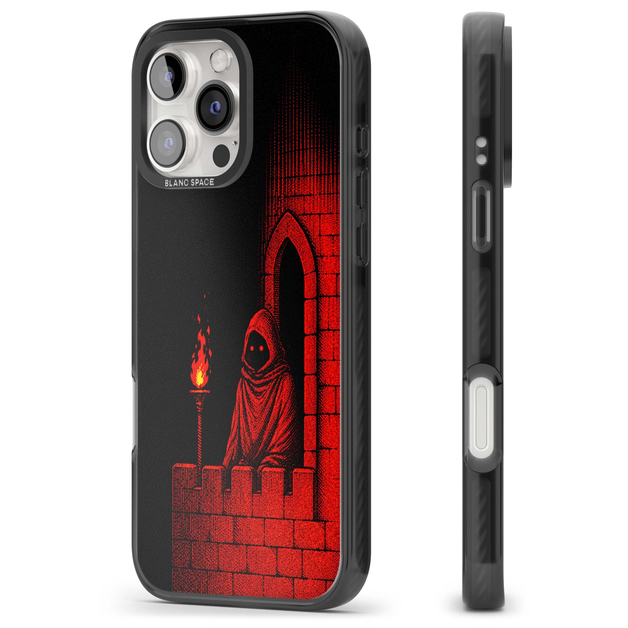 Crimson Crypt gothic iPhone case featuring a hooded reaper, torchlit crypt archway and red halftone horror art | Black Impact Magsafe case for iPhone 16 Pro, iPhone 16 Pro Max