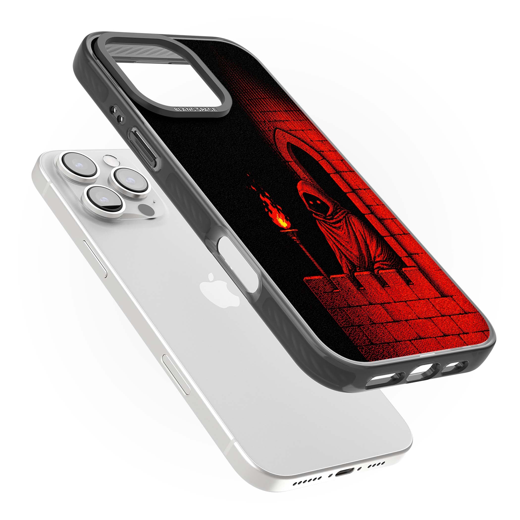Crimson Crypt gothic iPhone case featuring a hooded reaper, torchlit crypt archway and red halftone horror art | Black Impact Magsafe case for iPhone 16 Pro, iPhone 16 Pro Max