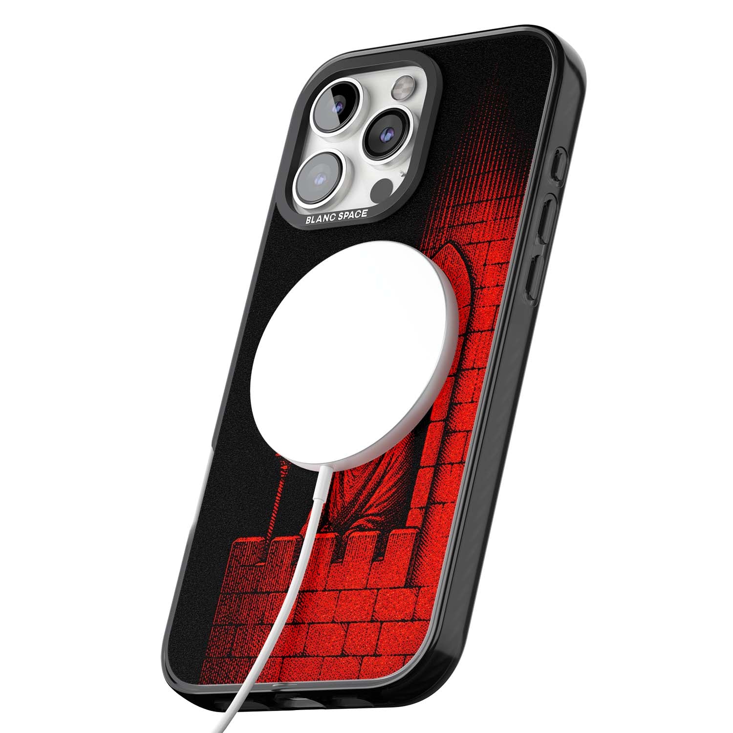 Crimson Crypt gothic iPhone case featuring a hooded reaper, torchlit crypt archway and red halftone horror art | Black Impact Magsafe case for iPhone 16 Pro, iPhone 16 Pro Max
