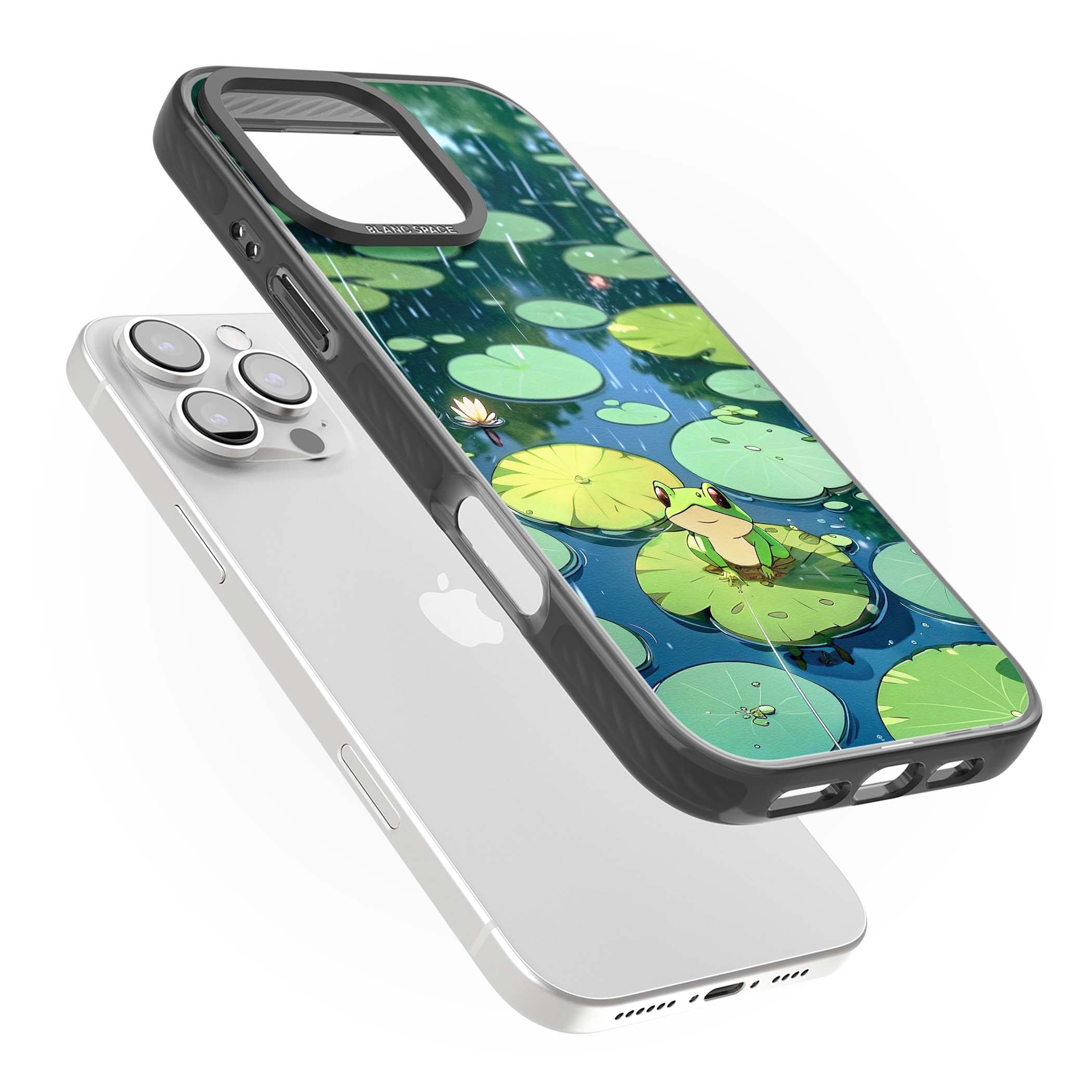 Frog In Lily Pond cottagecore iPhone case featuring a cute green frog on a lily pad with falling rain and a lotus flower | Black Impact Magsafe case for iPhone 16 Pro, iPhone 16 Pro Max
