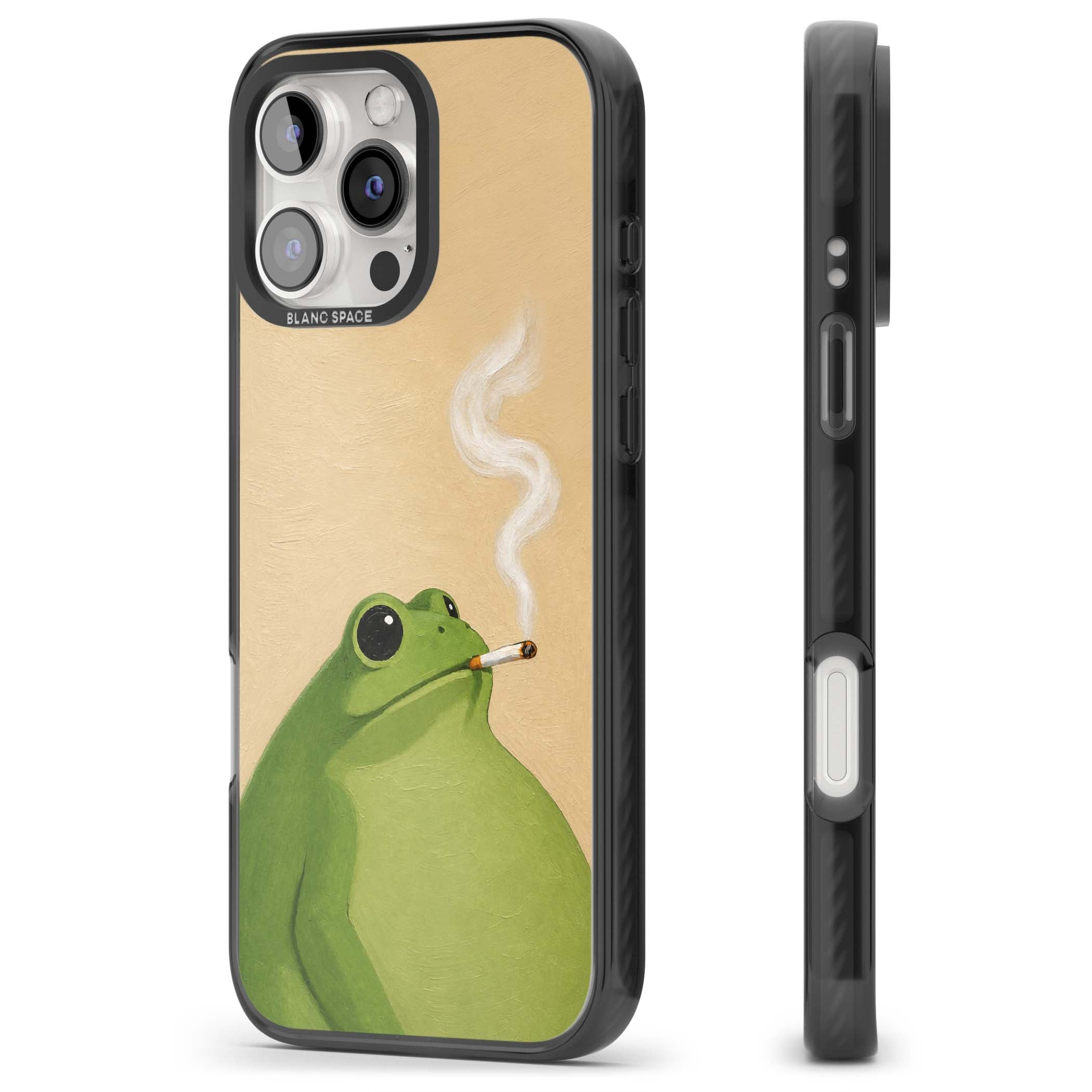 The Smoking Frog cottagecore iPhone case featuring a hand-painted green frog smoking a cigarette on a cream oil painting back | Black Impact Magsafe case for iPhone 16 Pro, iPhone 16 Pro Max