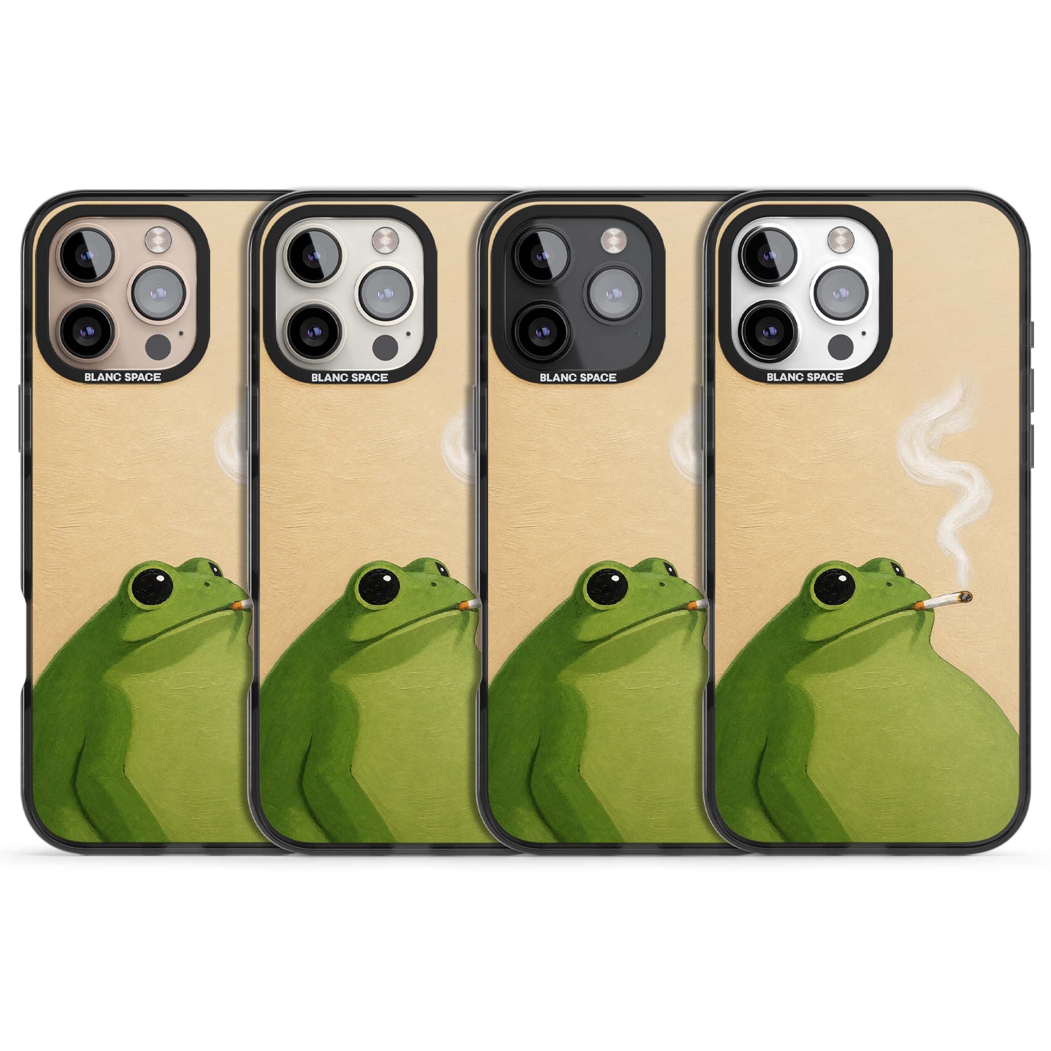 The Smoking Frog cottagecore iPhone case featuring a hand-painted green frog smoking a cigarette on a cream oil painting back | Black Impact Magsafe case for iPhone 16 Pro, iPhone 16 Pro Max