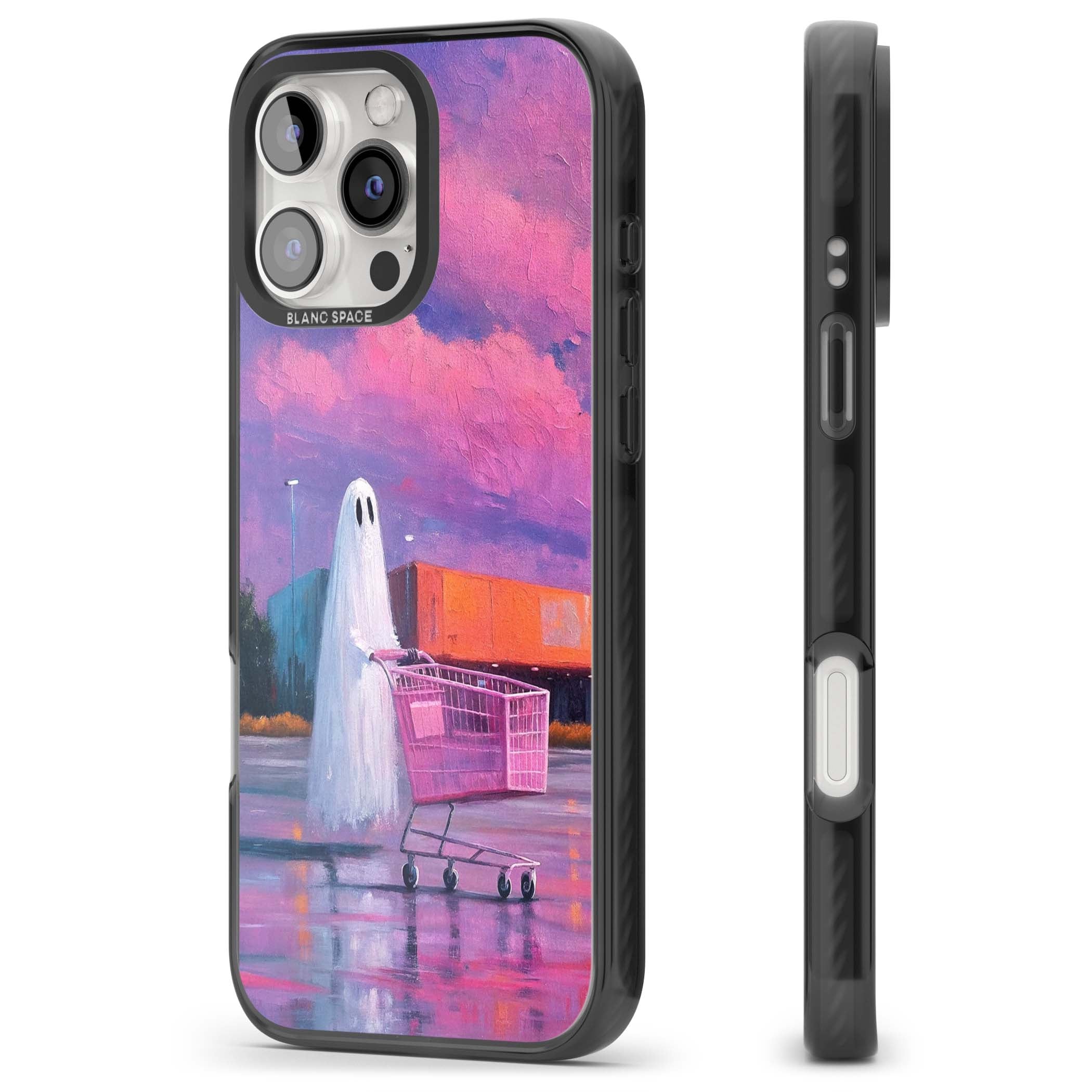 A Ghost's Errand ghost halloween iPhone case featuring a painted ghost, pink shopping trolley and purple sunset sky | Black Impact Magsafe case for iPhone 16 Pro, iPhone 16 Pro Max