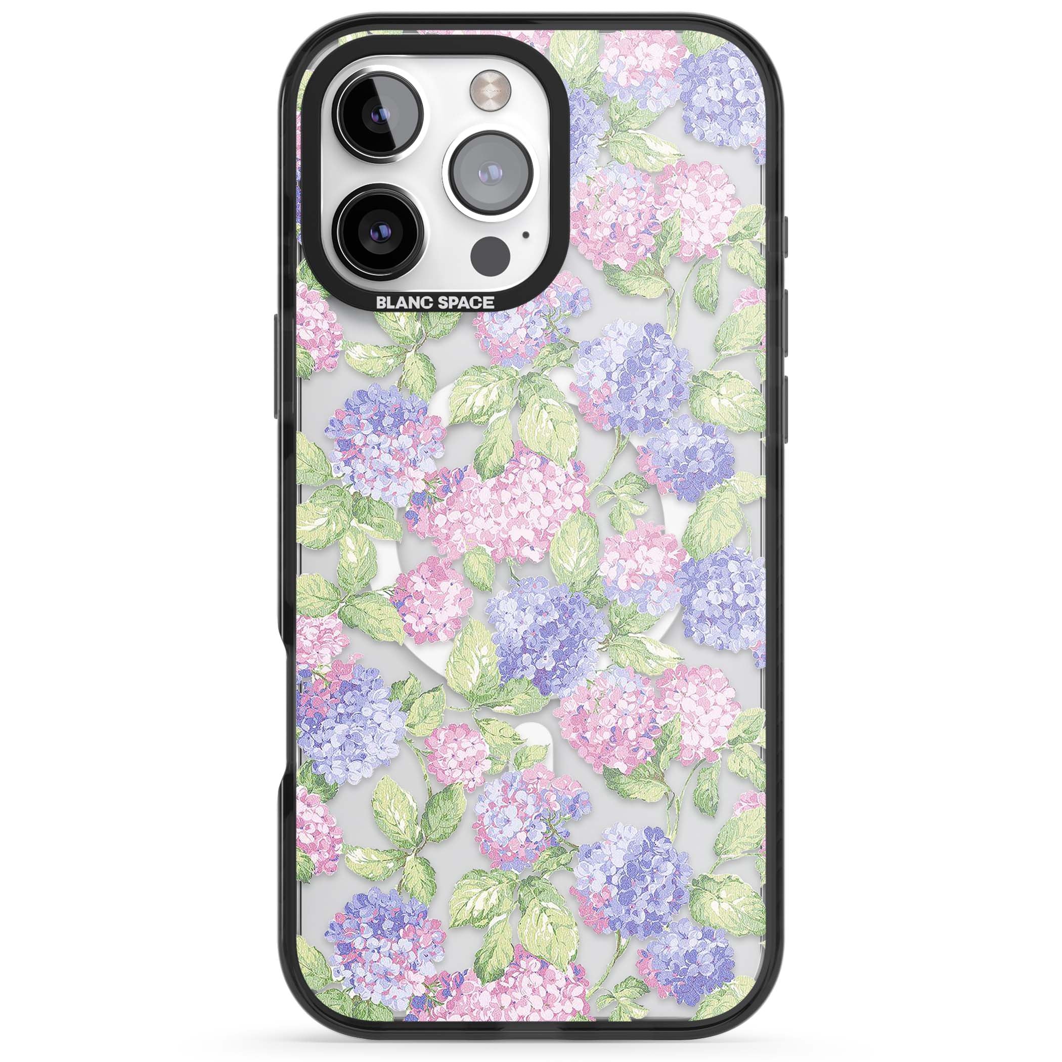 Cottage Hydrangea cottagecore iPhone case featuring pink and purple hydrangea blooms with green leaves on a clear background | Black Impact Magsafe case for iPhone 16 Pro, iPhone 16 Pro Max