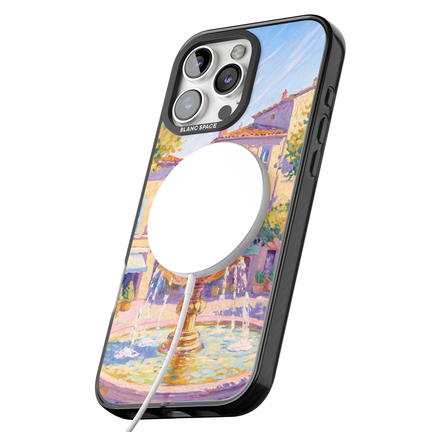 Fountain Square fine art iPhone case featuring an impressionist Provençal fountain, pastel village buildings and summe | Black Impact Magsafe case for iPhone 16 Pro, iPhone 16 Pro Max