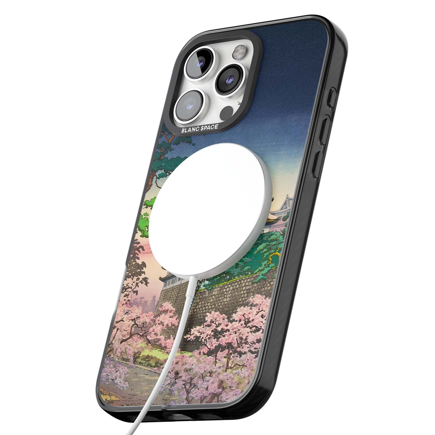 Nagoya Castle Japanese iPhone case featuring a vintage pagoda, twilight sky and cherry blossom trees | Black Impact Magsafe case for iPhone 16 Pro, iPhone 16 Pro Max