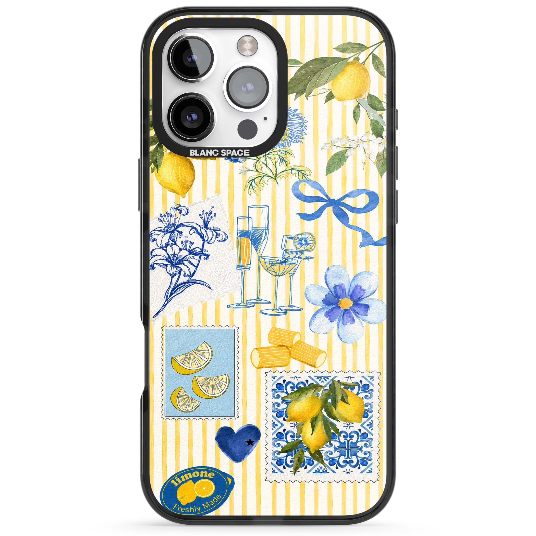 Limone Riviera Italian summer iPhone case featuring watercolour lemons, blue ribbon bows and majolica tile stamps on... | Black Impact Magsafe case for iPhone 16 Pro, iPhone 16 Pro Max