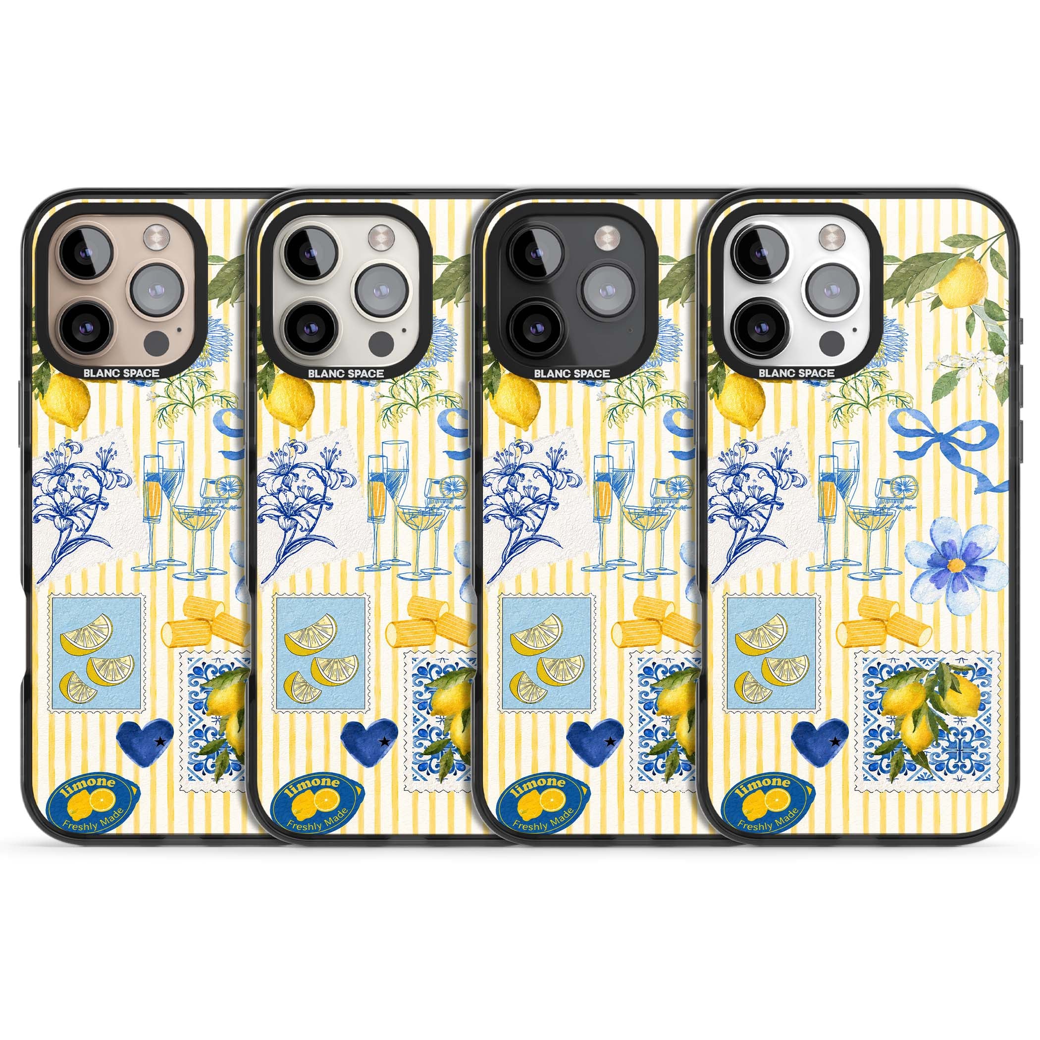 Limone Riviera Italian summer iPhone case featuring watercolour lemons, blue ribbon bows and majolica tile stamps on... | Black Impact Magsafe case for iPhone 16 Pro, iPhone 16 Pro Max