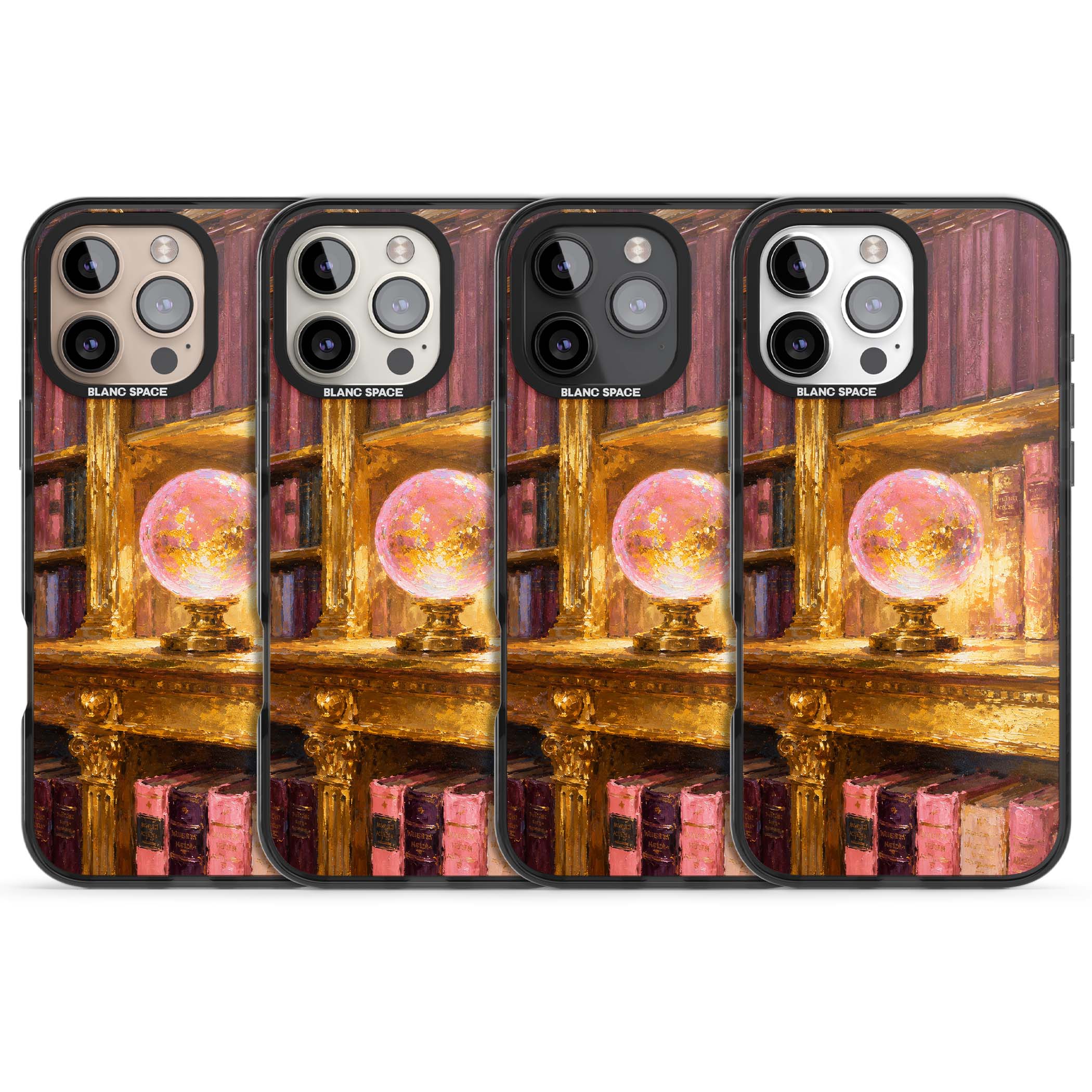 Gilded Library dark academia iPhone case featuring an oil painted crystal ball on a gilded library shelf with vintage | Black Impact Magsafe case for iPhone 16 Pro, iPhone 16 Pro Max