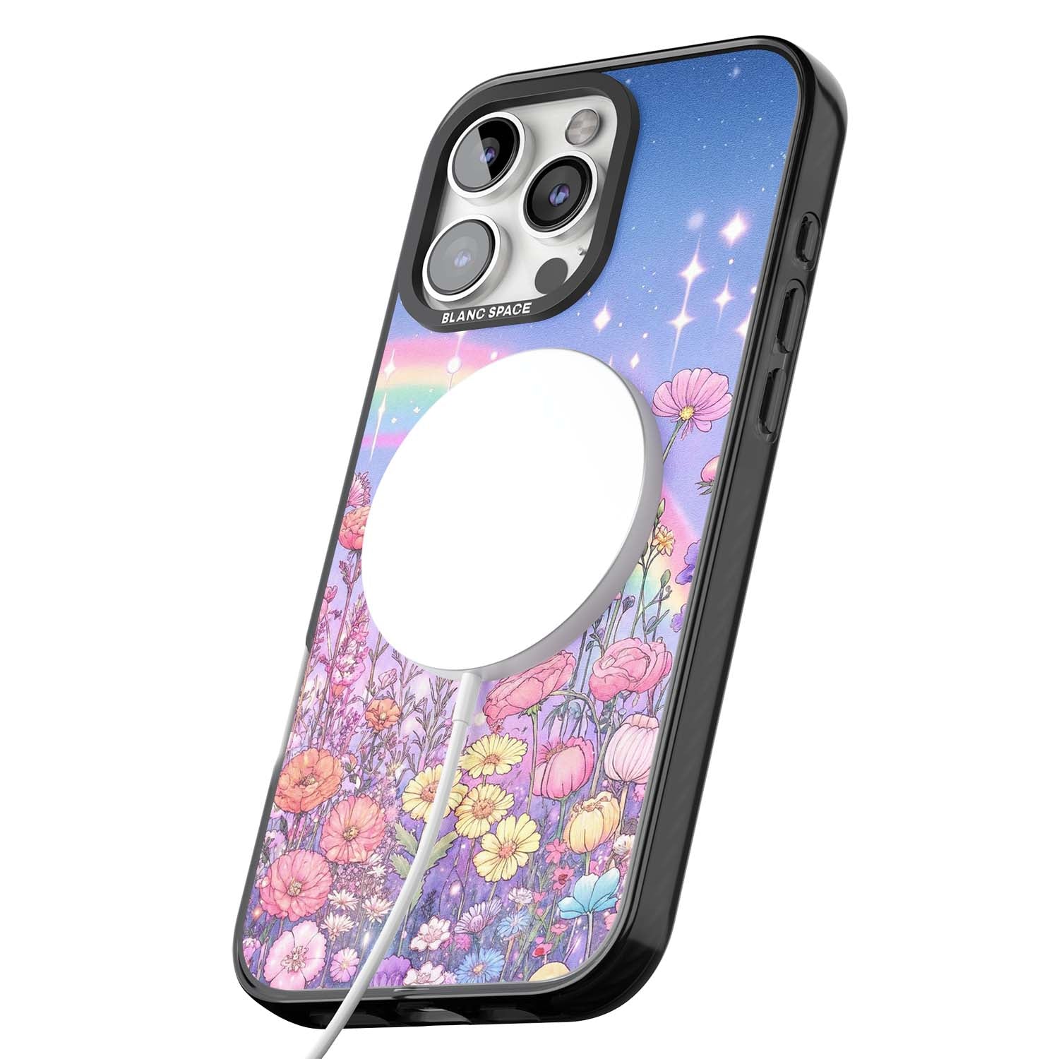 Magical Meadow fairycore iPhone case featuring a pastel rainbow, sparkling stars and a wildflower meadow | Black Impact Magsafe case for iPhone 16 Pro, iPhone 16 Pro Max