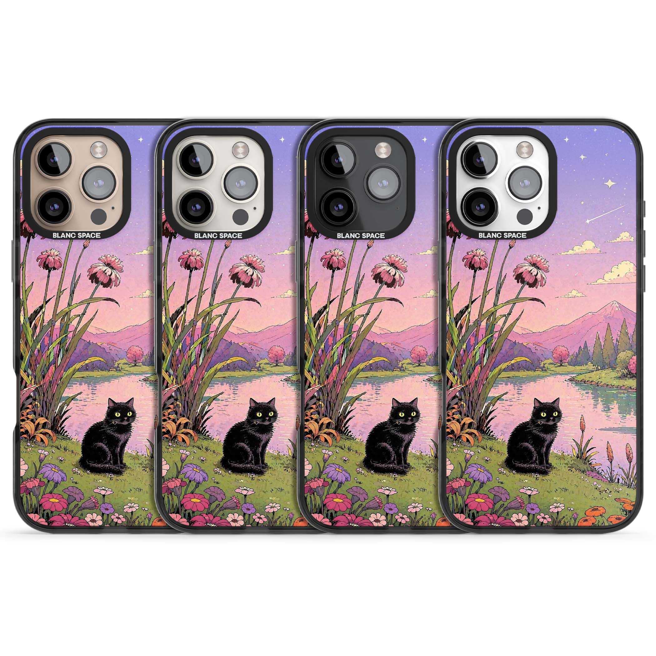 Mystic Whiskers ghibli iPhone case featuring a black cat by a pastel lake, wildflowers and a starry sunset sky | Black Impact Magsafe case for iPhone 16 Pro, iPhone 16 Pro Max