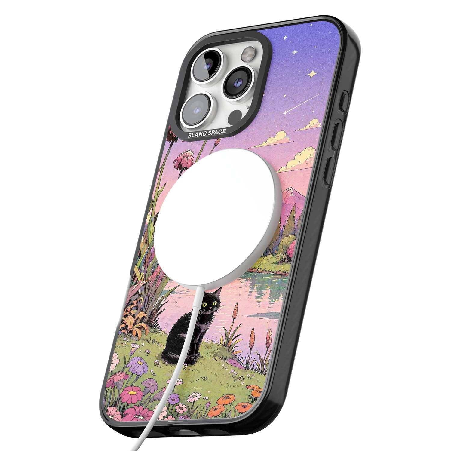 Mystic Whiskers ghibli iPhone case featuring a black cat by a pastel lake, wildflowers and a starry sunset sky | Black Impact Magsafe case for iPhone 16 Pro, iPhone 16 Pro Max