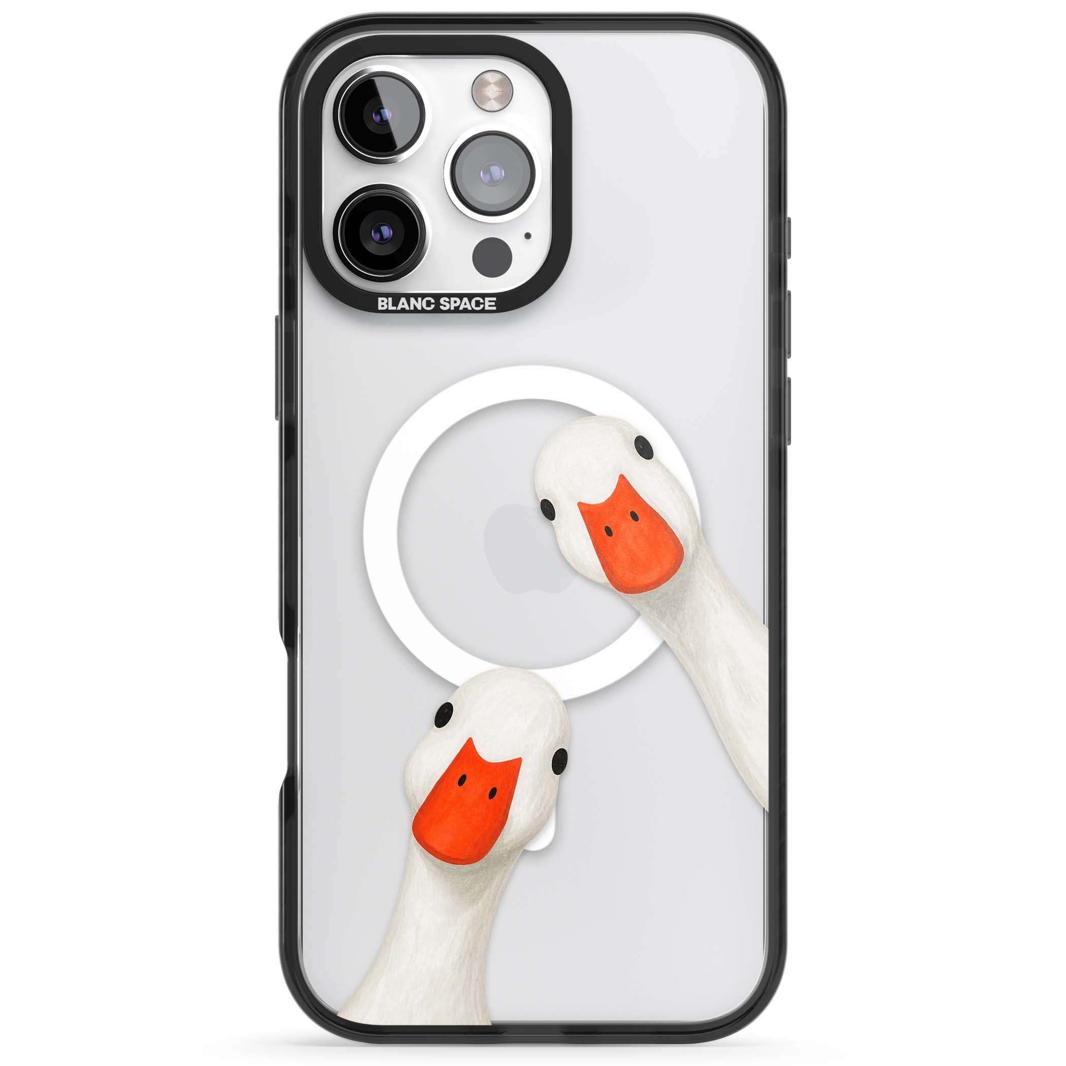Nosy Ducks cottagecore iPhone case featuring two peeking white ducks with orange beaks on a clear background | Black Impact Magsafe case for iPhone 16 Pro, iPhone 16 Pro Max