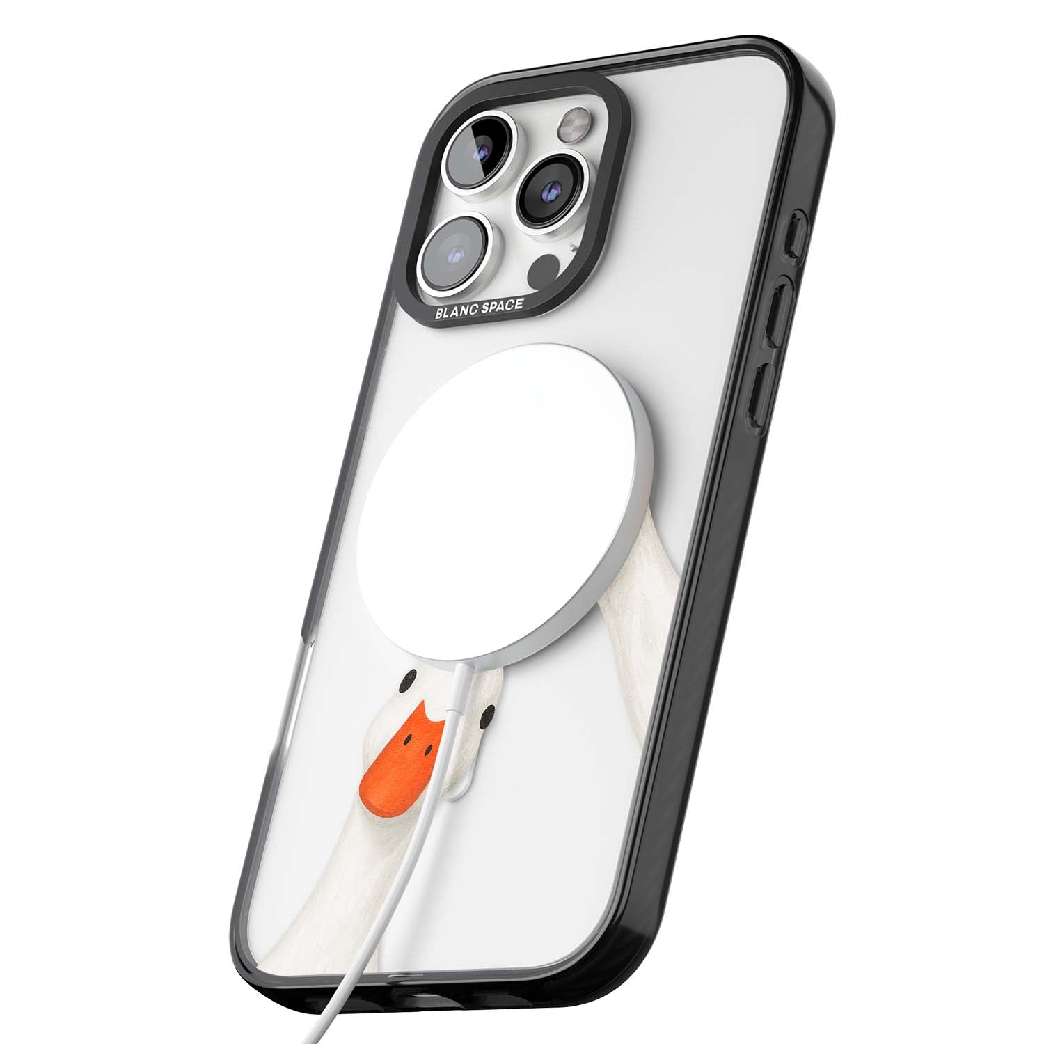 Nosy Ducks cottagecore iPhone case featuring two peeking white ducks with orange beaks on a clear background | Black Impact Magsafe case for iPhone 16 Pro, iPhone 16 Pro Max