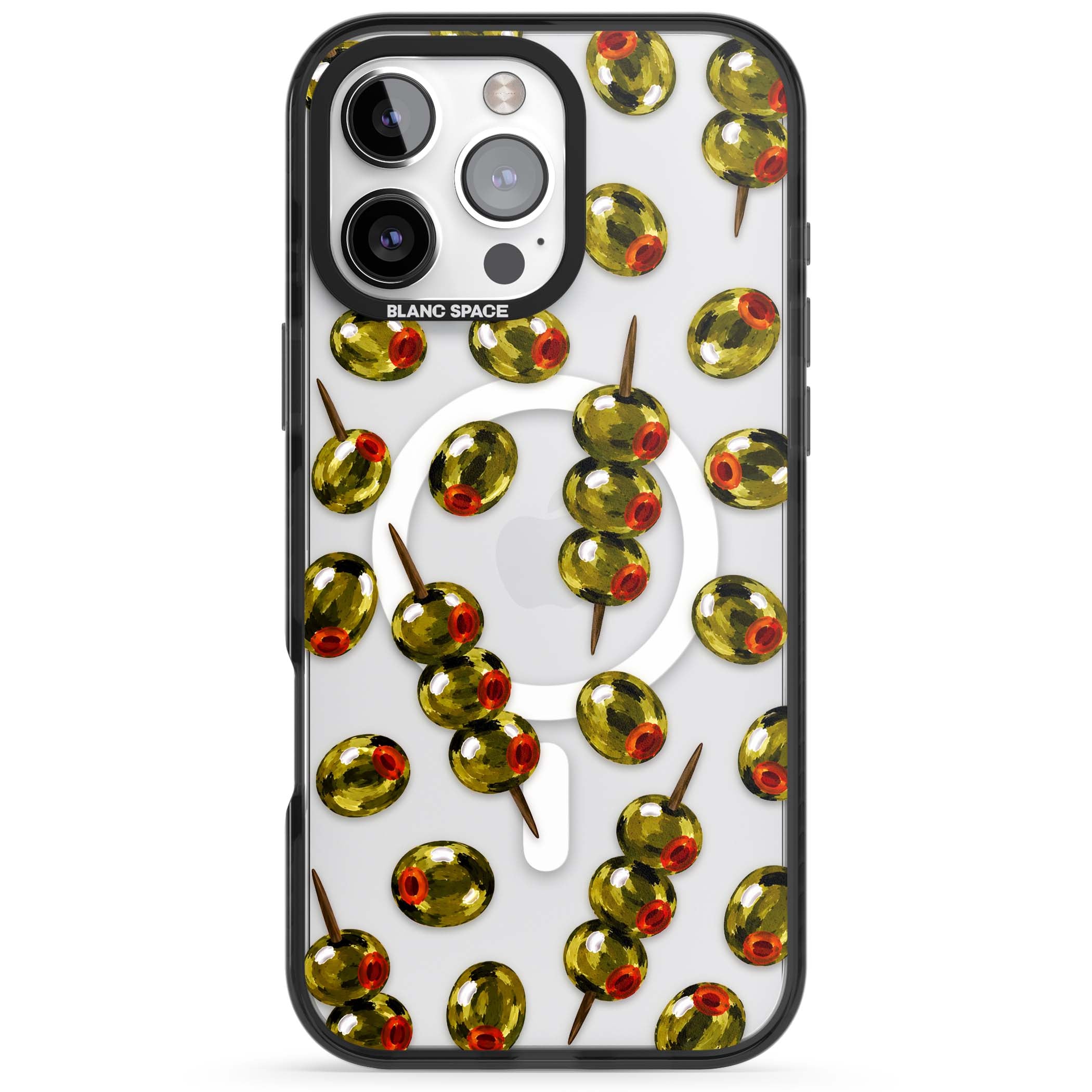 Painted Olives cocktail iPhone case featuring green olives, pimento centres and toothpick skewers on a clear background | Black Impact Magsafe case for iPhone 16 Pro, iPhone 16 Pro Max