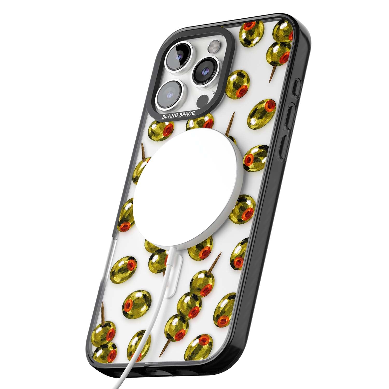 Painted Olives cocktail iPhone case featuring green olives, pimento centres and toothpick skewers on a clear background | Black Impact Magsafe case for iPhone 16 Pro, iPhone 16 Pro Max