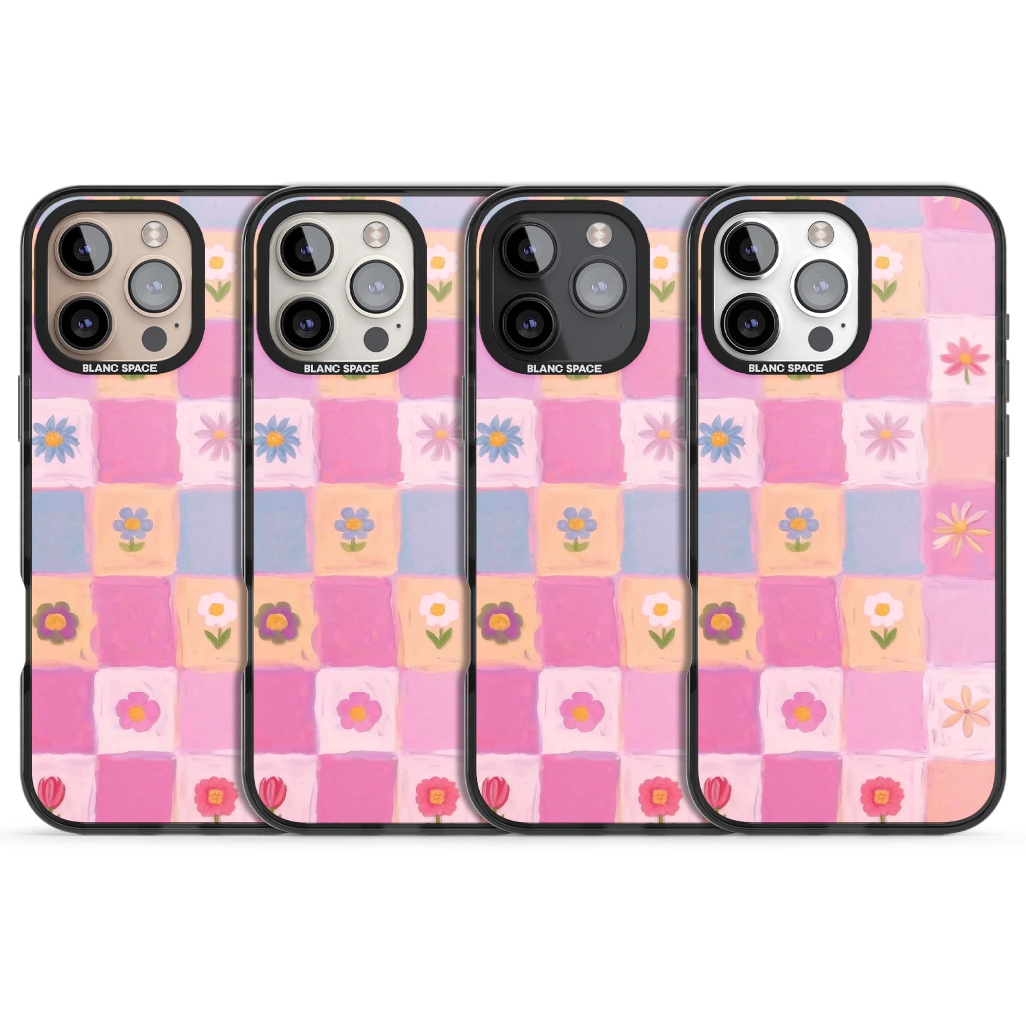 Pastel Flower Patchwork cottagecore iPhone case featuring painted pink and lilac squares with daisies and wildflowers | Black Impact Magsafe case for iPhone 16 Pro, iPhone 16 Pro Max
