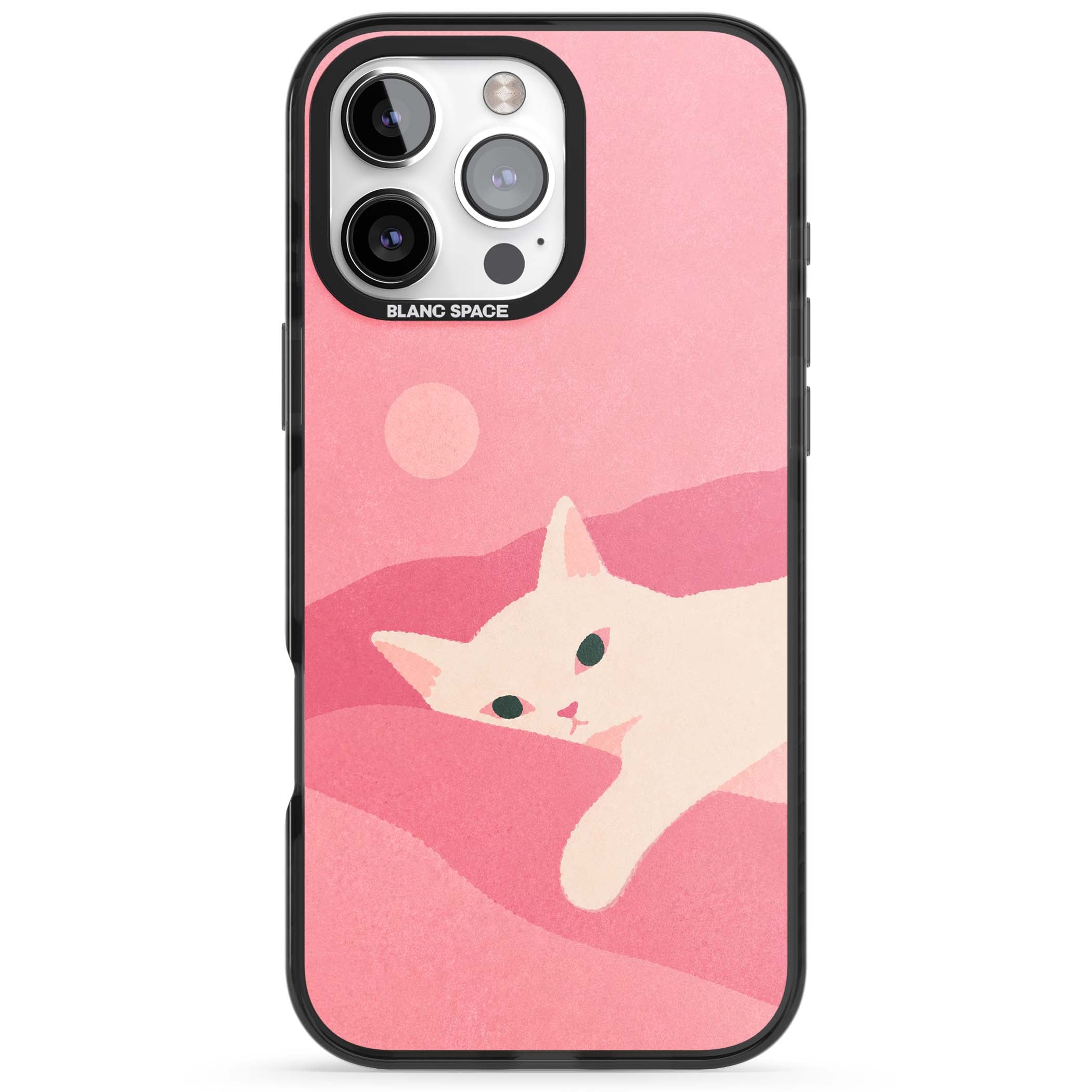 Pink Dreams cute cat iPhone case featuring a white kitten, soft pink hills and a pale pastel sun | Black Impact Magsafe case for iPhone 16 Pro, iPhone 16 Pro Max
