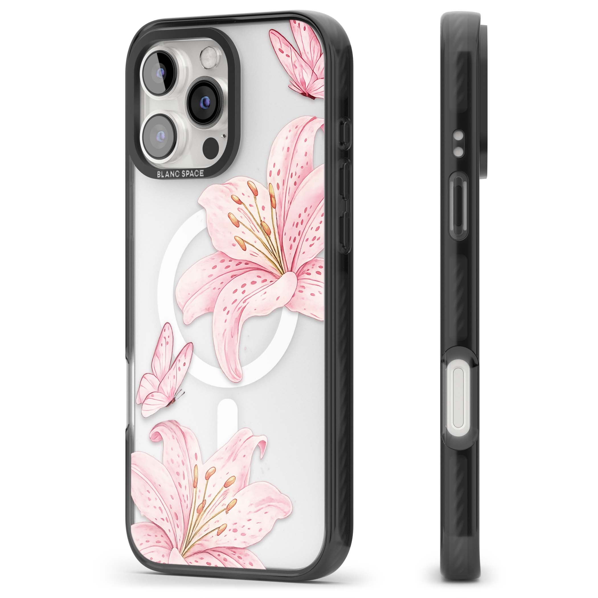 Lily Whisper floral iPhone case featuring pink watercolour lilies and delicate butterflies on a clear background | Black Impact Magsafe case for iPhone 16 Pro, iPhone 16 Pro Max