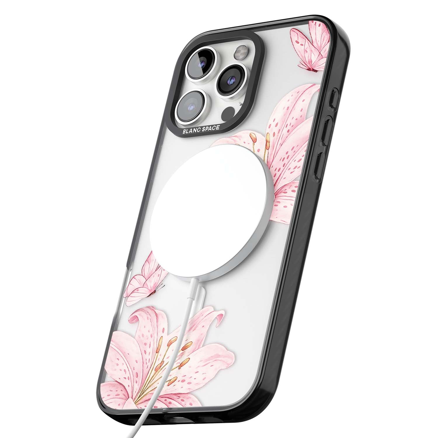 Lily Whisper floral iPhone case featuring pink watercolour lilies and delicate butterflies on a clear background | Black Impact Magsafe case for iPhone 16 Pro, iPhone 16 Pro Max