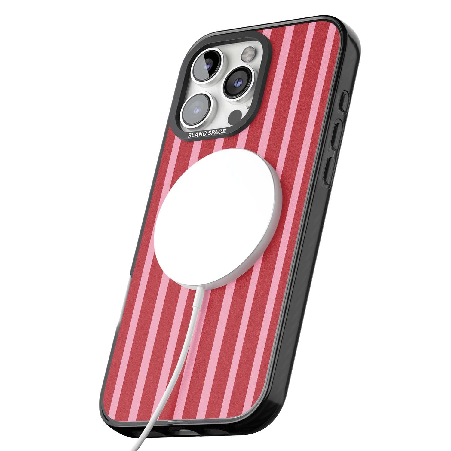 Raspberry Stripe coquette iPhone case featuring red and pink vertical stripes in a candy-inspired pattern | Black Impact Magsafe case for iPhone 16 Pro, iPhone 16 Pro Max