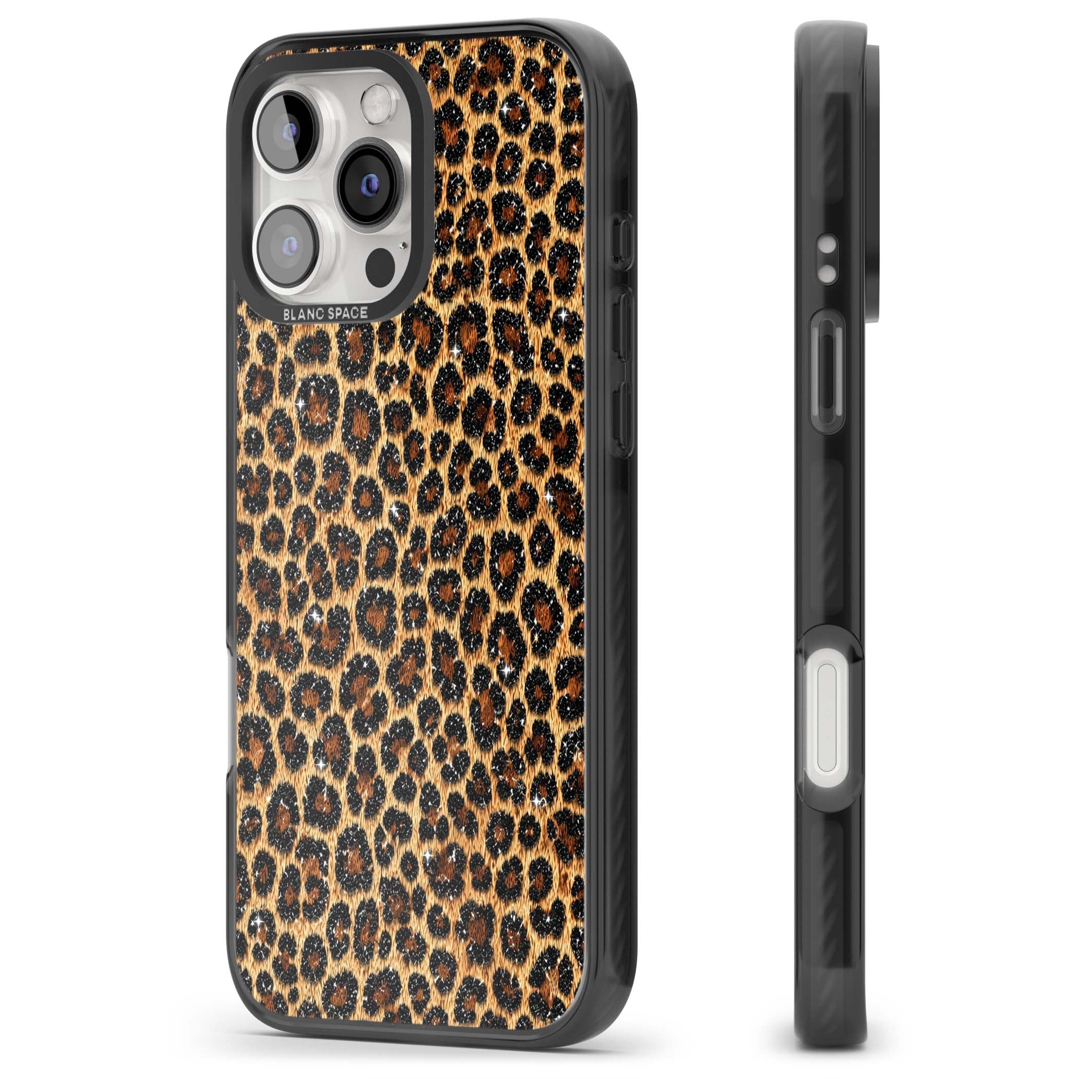 Diamond Leopard leopard print iPhone case featuring golden tan fur, black rosette spots and subtle glitter sparkle | Black Impact Magsafe case for iPhone 16 Pro, iPhone 16 Pro Max