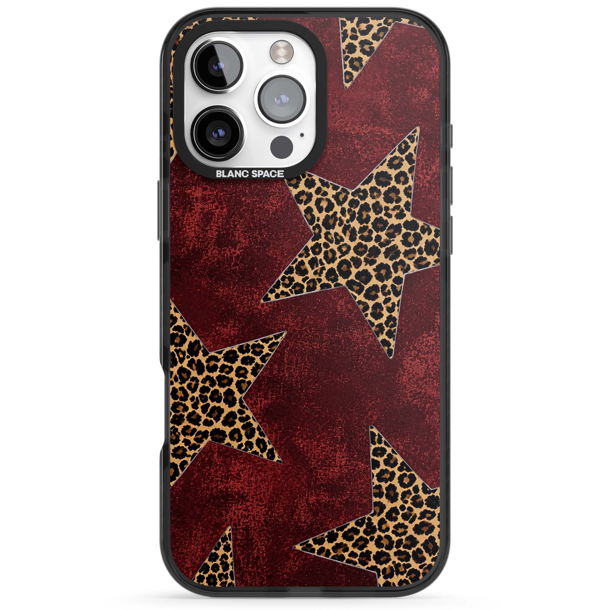 Showgirl leopard print iPhone case featuring cheetah print stars on distressed red grunge background | Black Impact Magsafe case for iPhone 16 Pro, iPhone 16 Pro Max